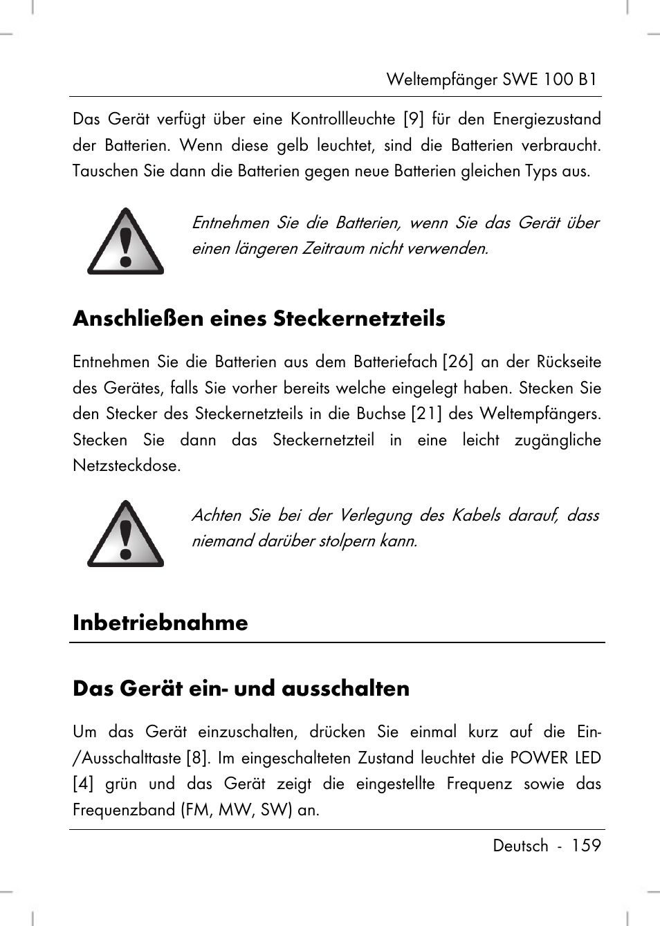 Anschließen eines steckernetzteils, Inbetriebnahme das gerät ein- und ausschalten | Silvercrest SWE 100 B1 User Manual | Page 161 / 174