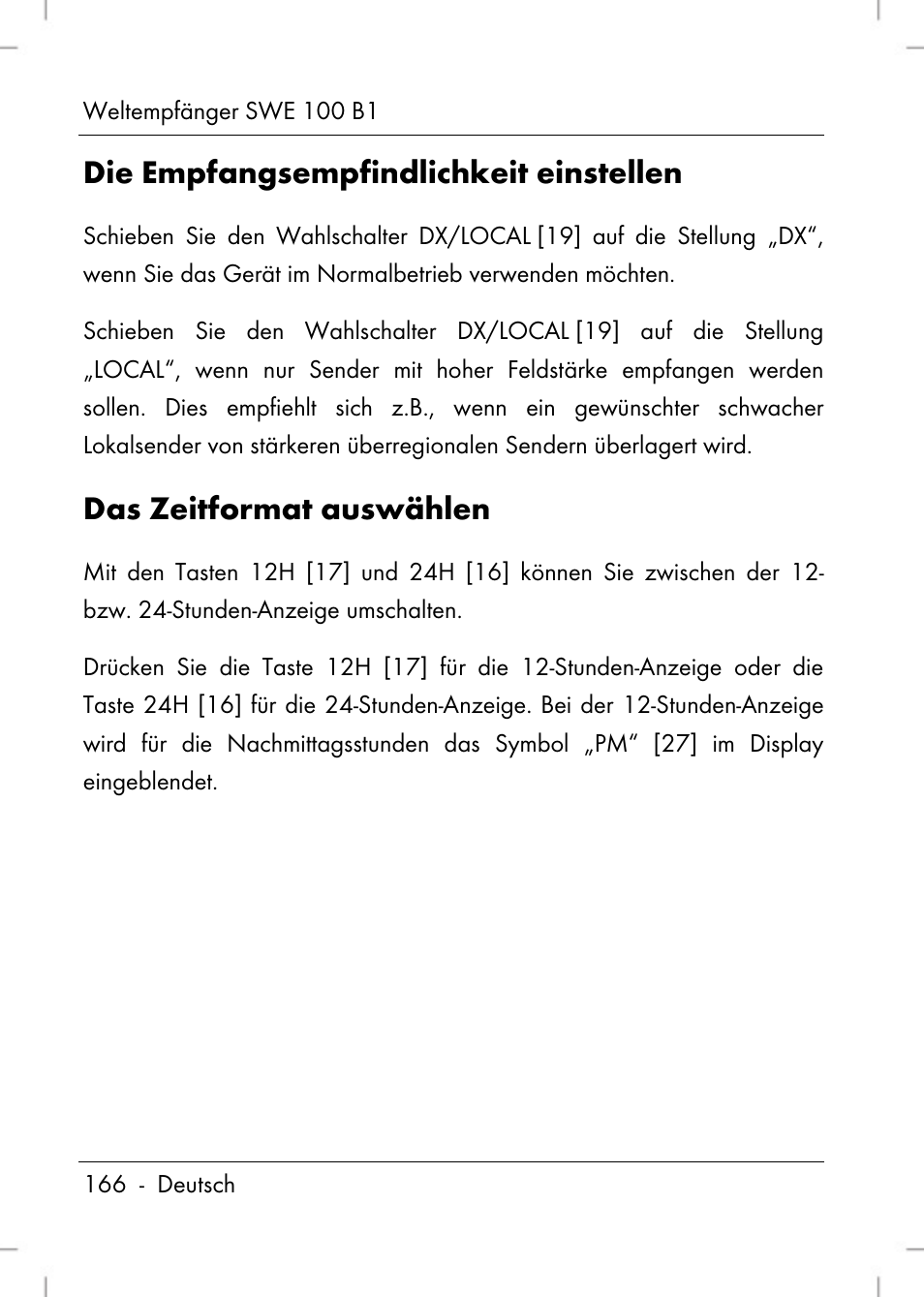 Die empfangsempfindlichkeit einstellen, Das zeitformat auswählen | Silvercrest SWE 100 B1 User Manual | Page 168 / 174