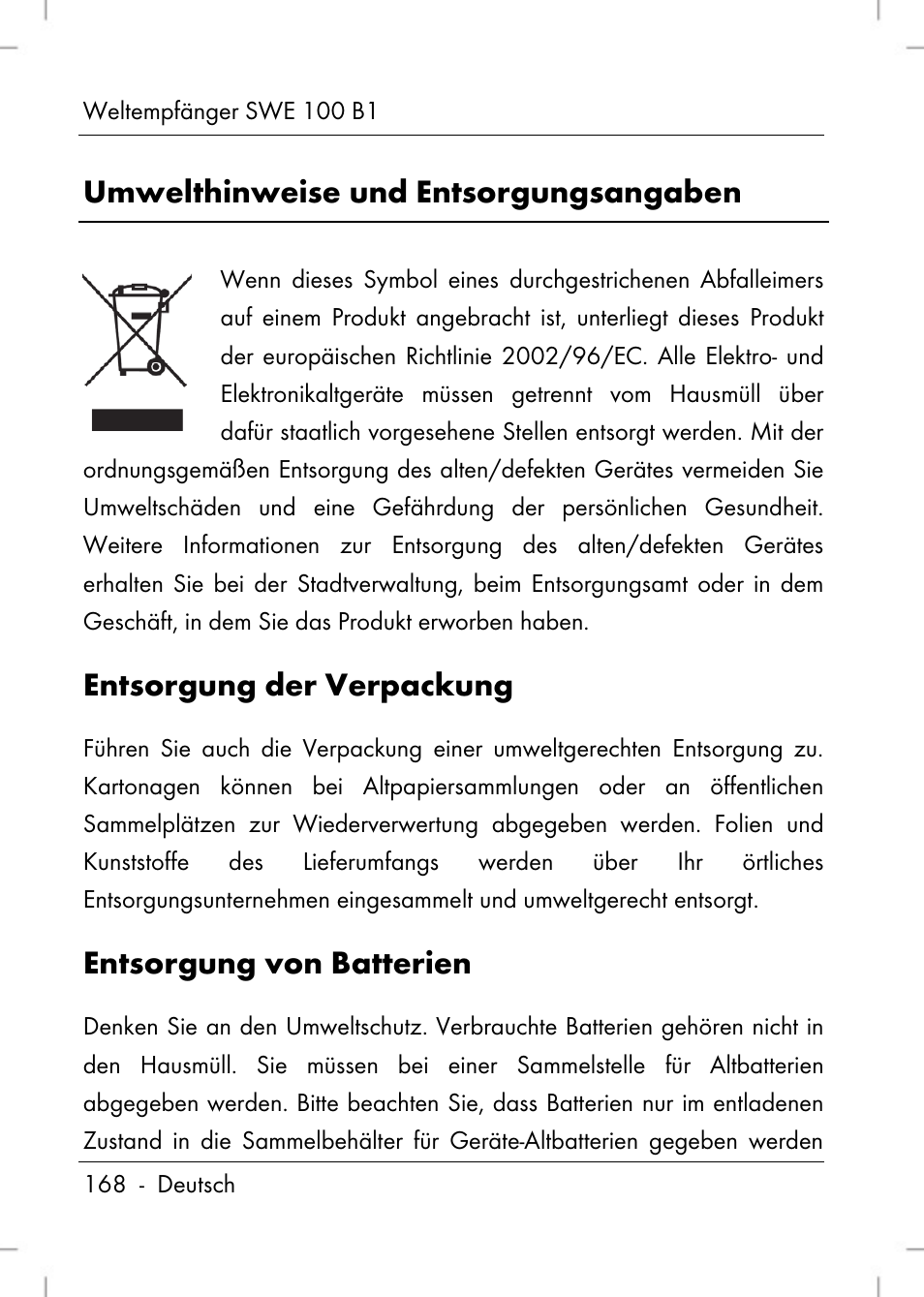 Umwelthinweise und entsorgungsangaben, Entsorgung der verpackung, Entsorgung von batterien | Silvercrest SWE 100 B1 User Manual | Page 170 / 174