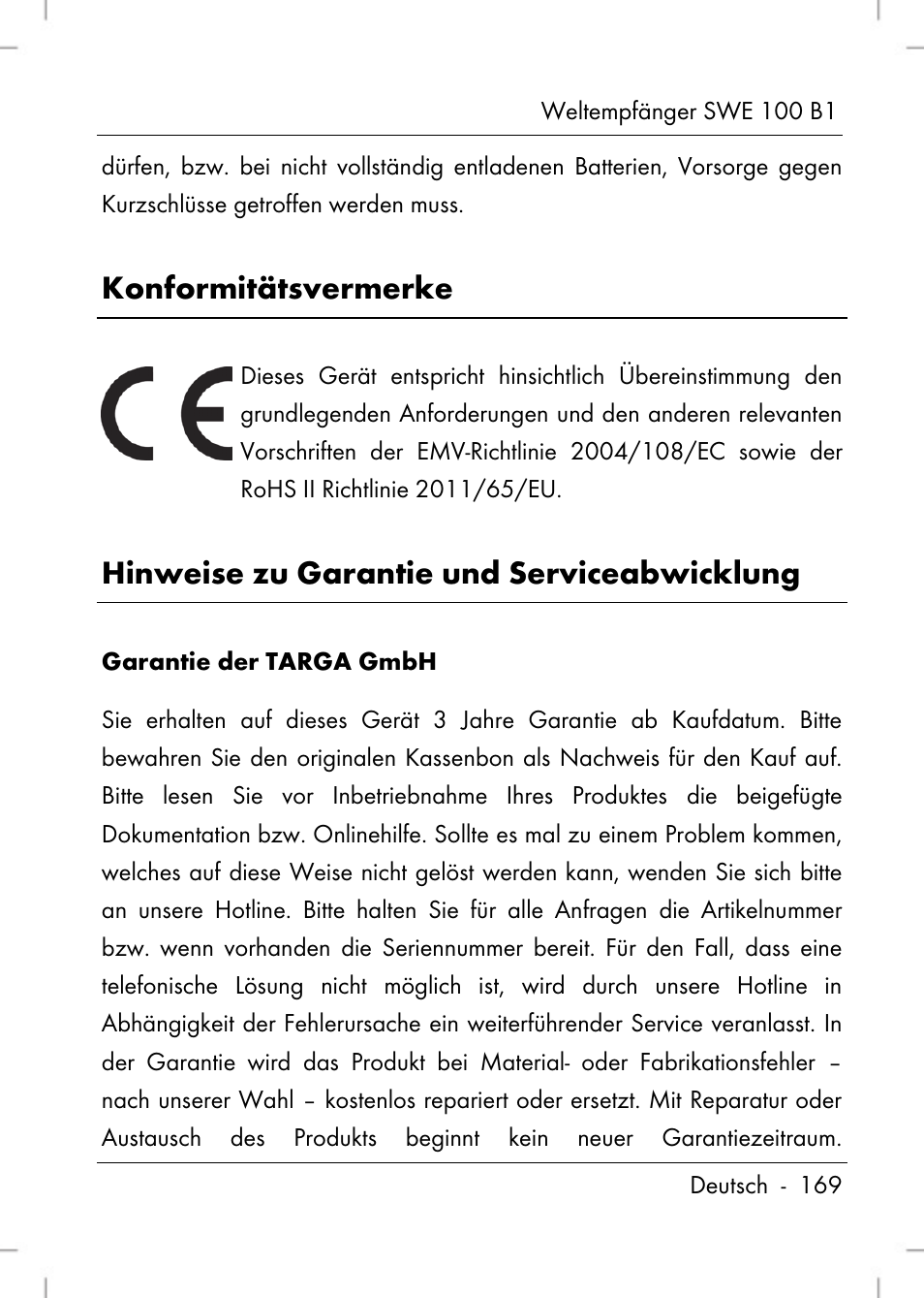 Konformitätsvermerke, Hinweise zu garantie und serviceabwicklung | Silvercrest SWE 100 B1 User Manual | Page 171 / 174