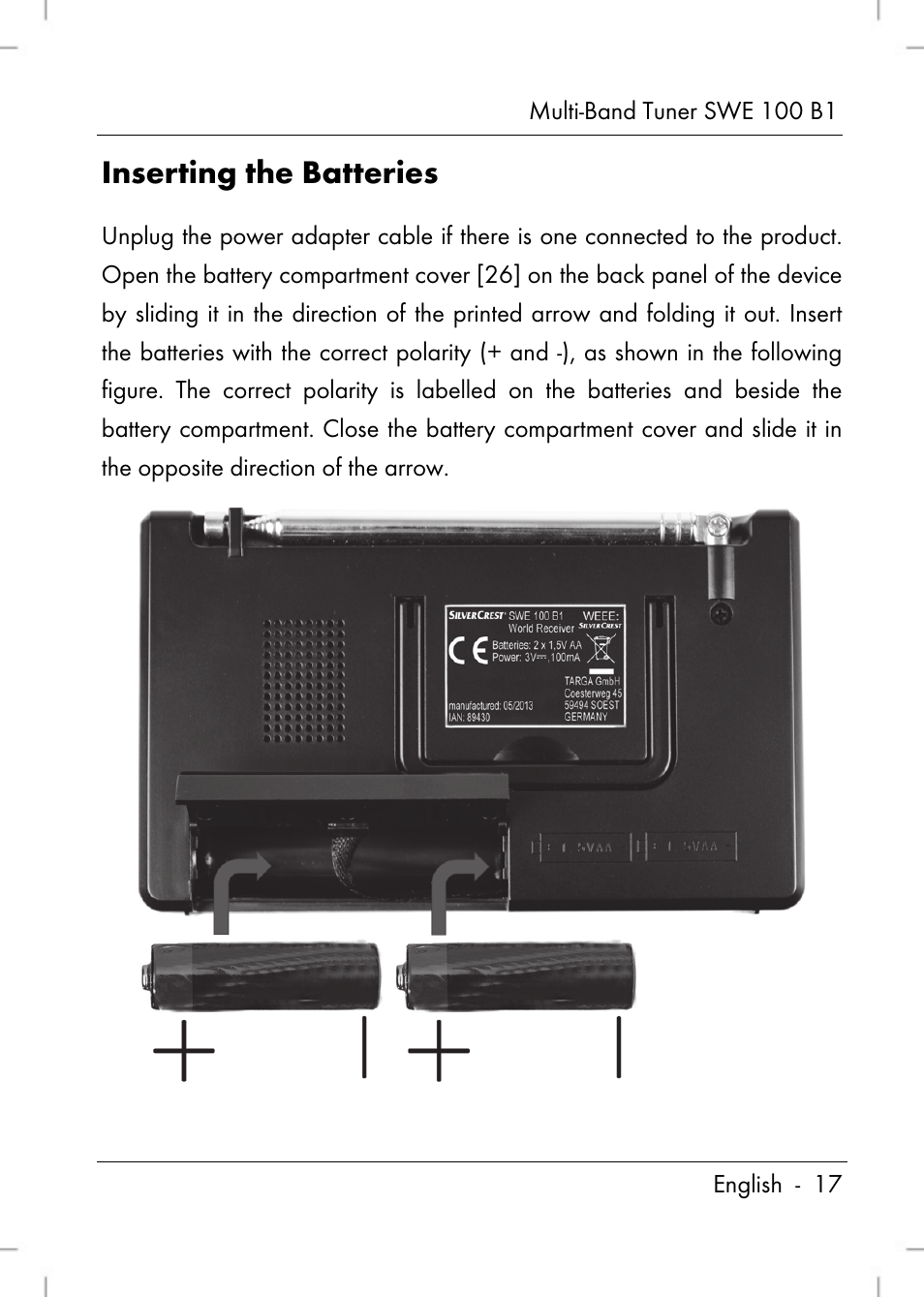 Inserting the batteries | Silvercrest SWE 100 B1 User Manual | Page 19 / 174