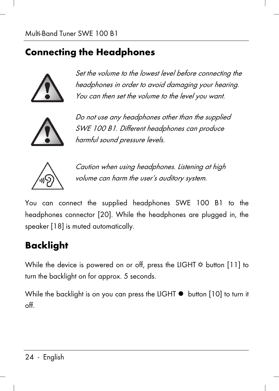 Connecting the headphones, Backlight | Silvercrest SWE 100 B1 User Manual | Page 26 / 174