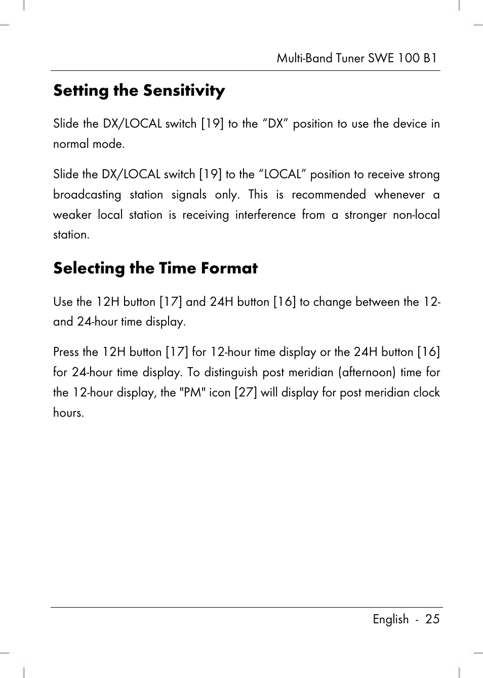 Setting the sensitivity, Selecting the time format | Silvercrest SWE 100 B1 User Manual | Page 27 / 174