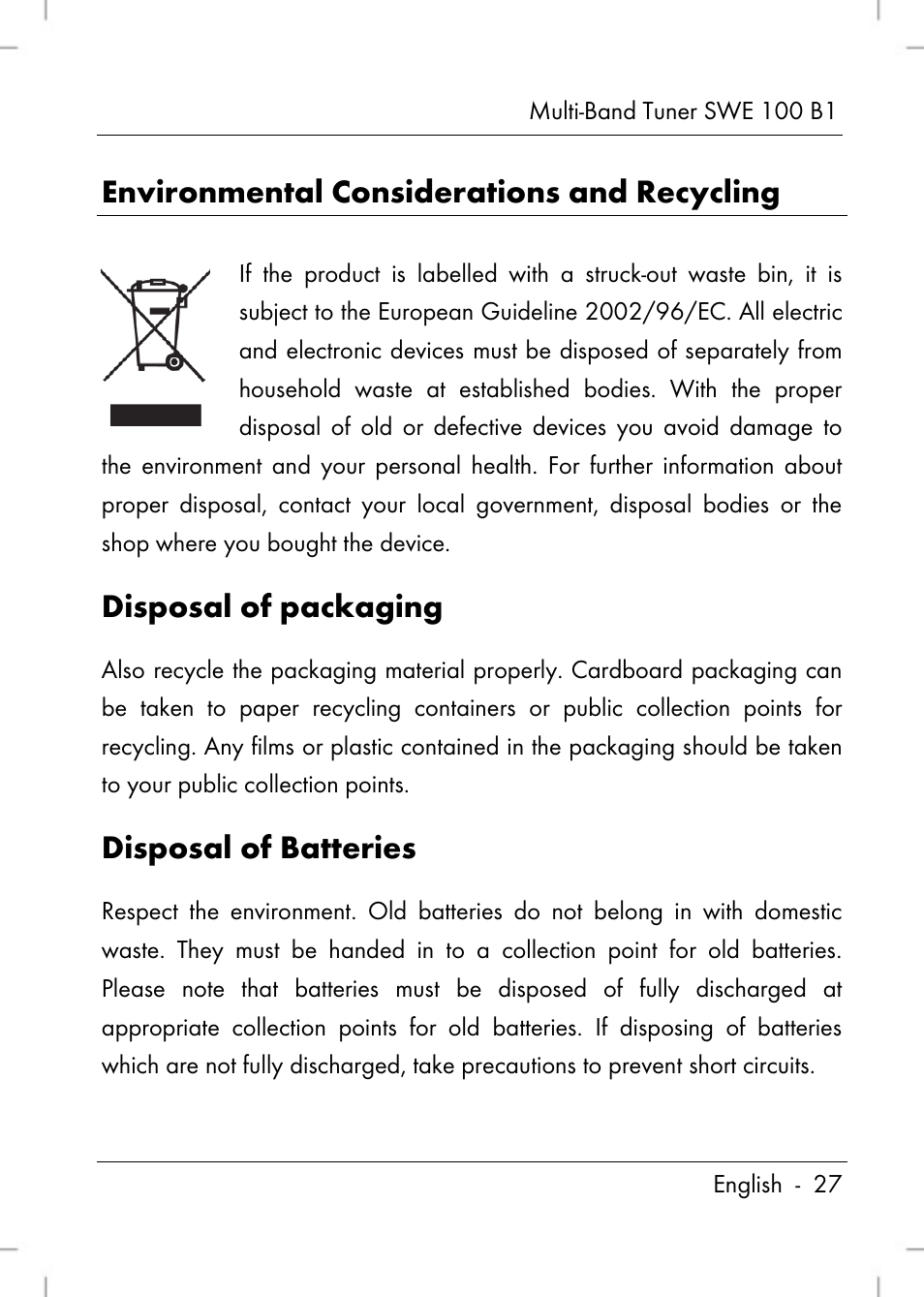 Environmental considerations and recycling, Disposal of packaging, Disposal of batteries | Silvercrest SWE 100 B1 User Manual | Page 29 / 174