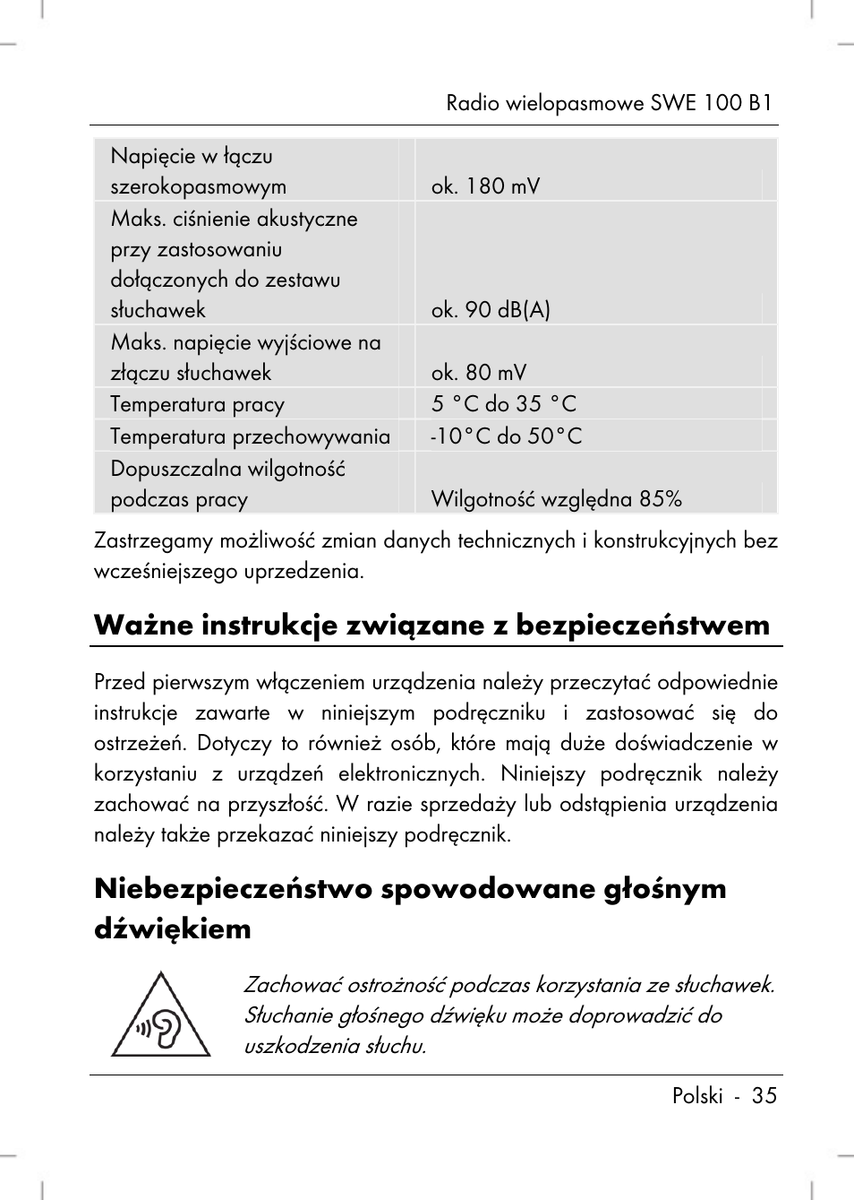 Ważne instrukcje związane z bezpieczeństwem, Niebezpieczeństwo spowodowane głośnym dźwiękiem | Silvercrest SWE 100 B1 User Manual | Page 37 / 174
