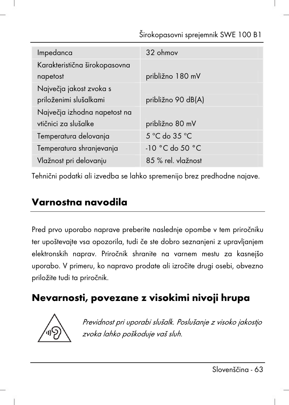 Varnostna navodila, Nevarnosti, povezane z visokimi nivoji hrupa | Silvercrest SWE 100 B1 User Manual | Page 65 / 174