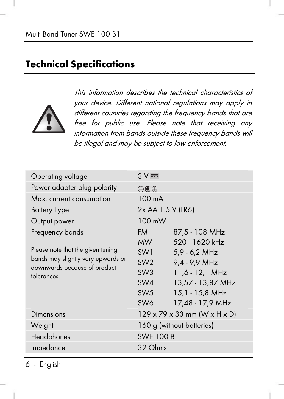 Technical specifications | Silvercrest SWE 100 B1 User Manual | Page 8 / 174