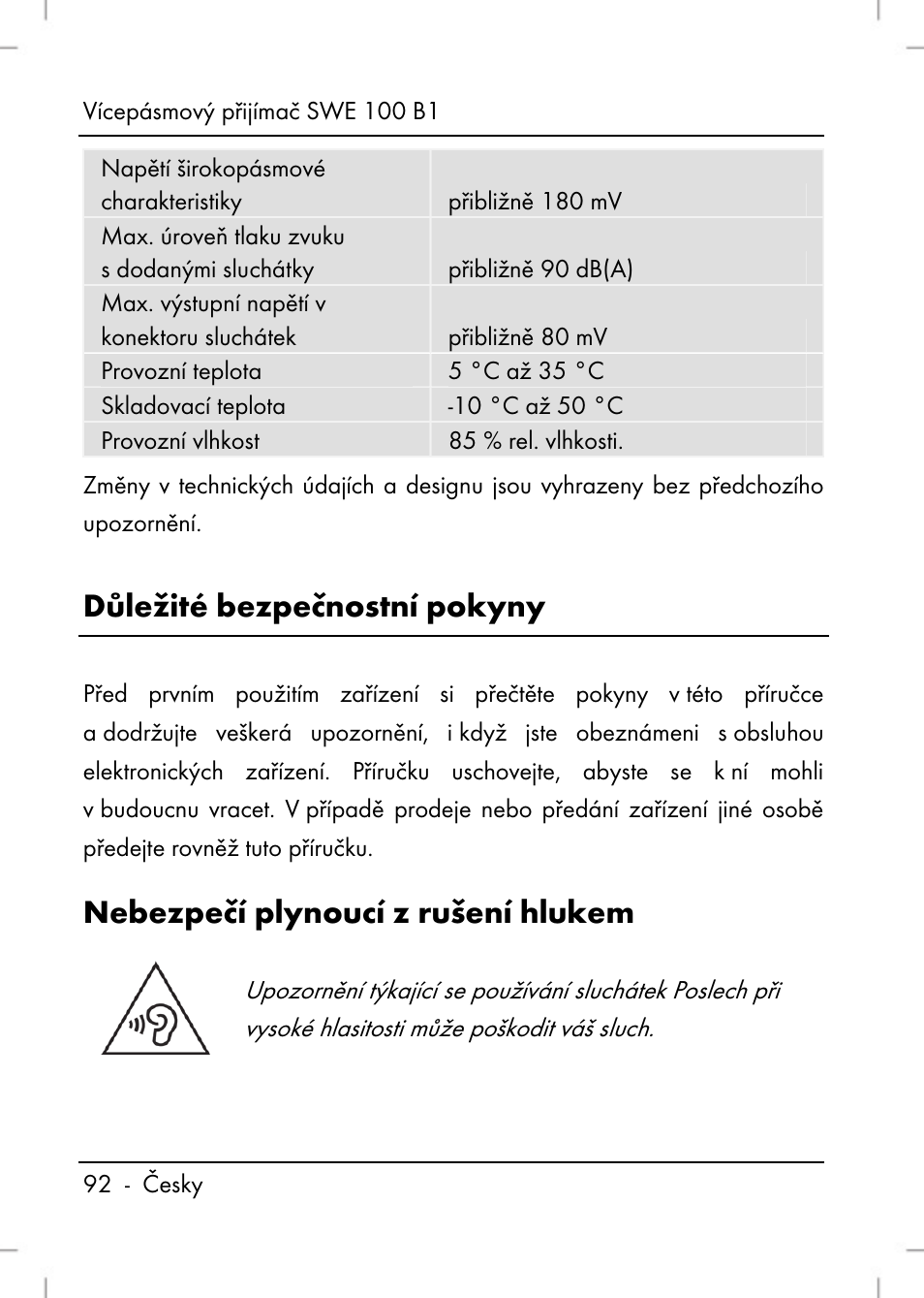 Důležité bezpečnostní pokyny, Nebezpečí plynoucí z rušení hlukem | Silvercrest SWE 100 B1 User Manual | Page 94 / 174