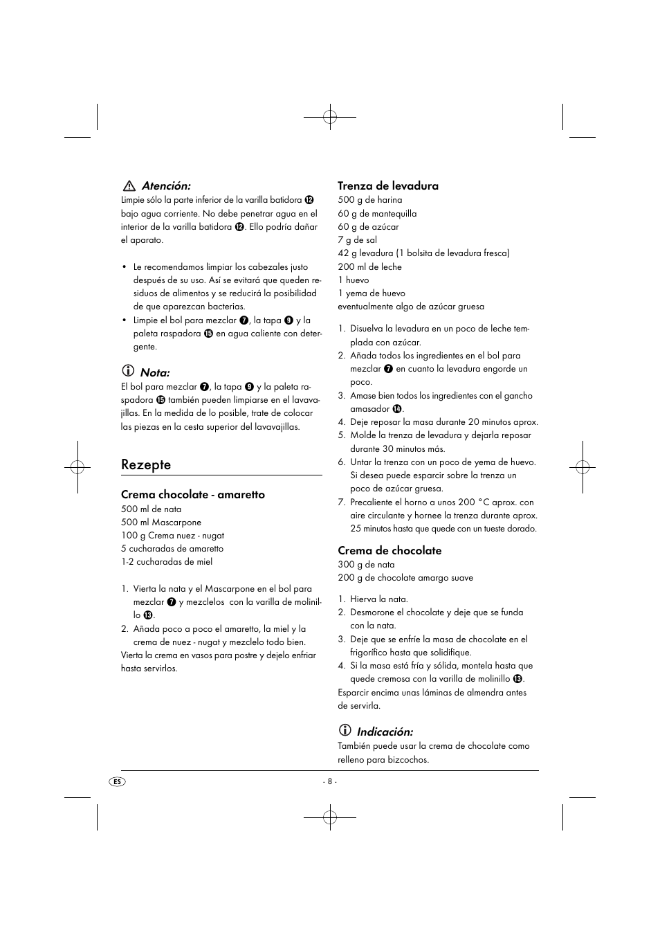 Rezepte, Atención, Nota | Crema chocolate - amaretto, Trenza de levadura, Crema de chocolate, Indicación | Silvercrest SHMS 300 B1 User Manual | Page 11 / 54