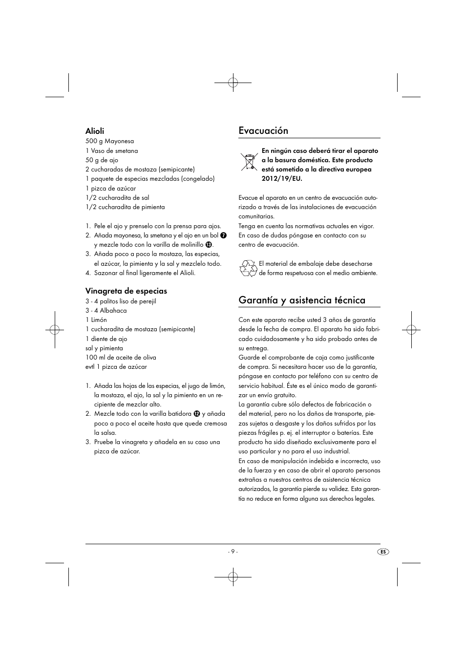 Evacuación, Garantía y asistencia técnica, Alioli | Vinagreta de especias | Silvercrest SHMS 300 B1 User Manual | Page 12 / 54