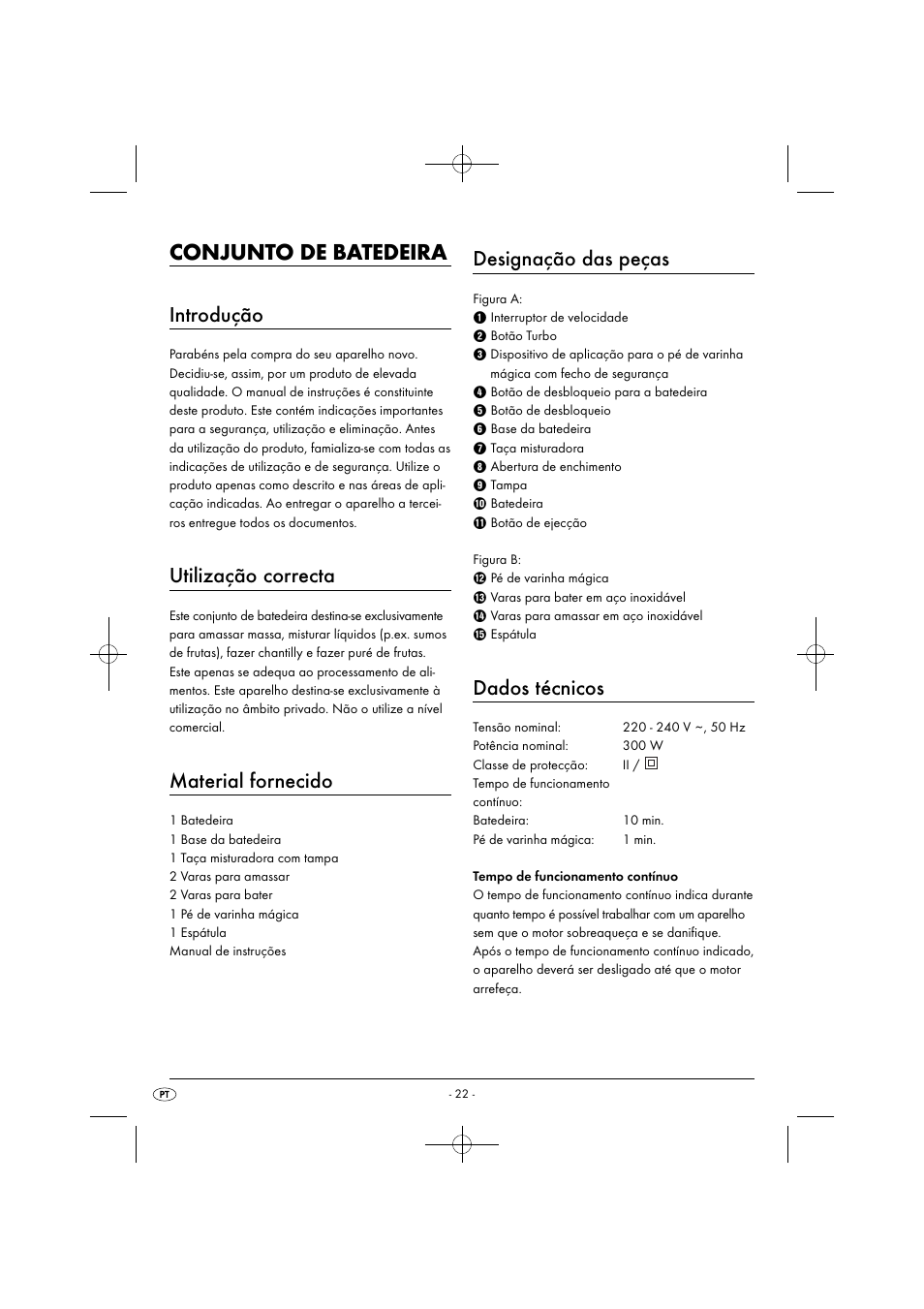 Conjunto de batedeira, Introdução, Utilização correcta | Material fornecido, Designação das peças, Dados técnicos | Silvercrest SHMS 300 B1 User Manual | Page 25 / 54