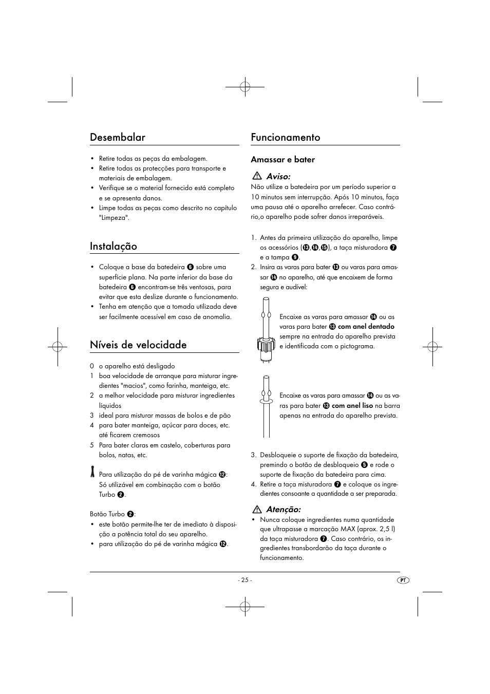 Desembalar, Instalação, Níveis de velocidade | Funcionamento, Amassar e bater aviso, Atenção | Silvercrest SHMS 300 B1 User Manual | Page 28 / 54