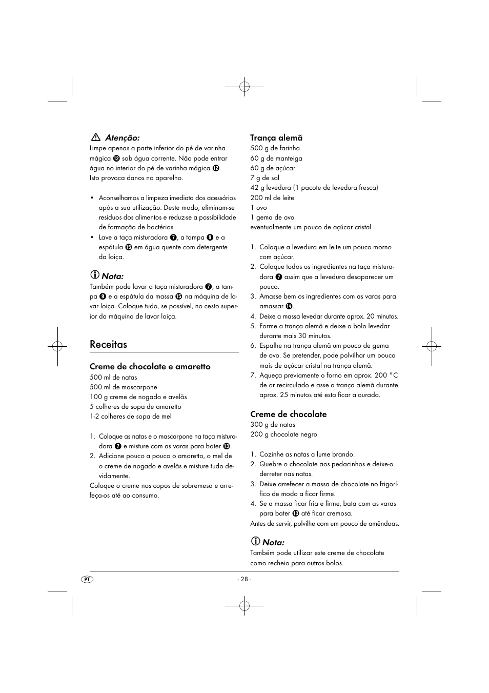 Receitas, Atenção, Nota | Creme de chocolate e amaretto, Trança alemã, Creme de chocolate | Silvercrest SHMS 300 B1 User Manual | Page 31 / 54