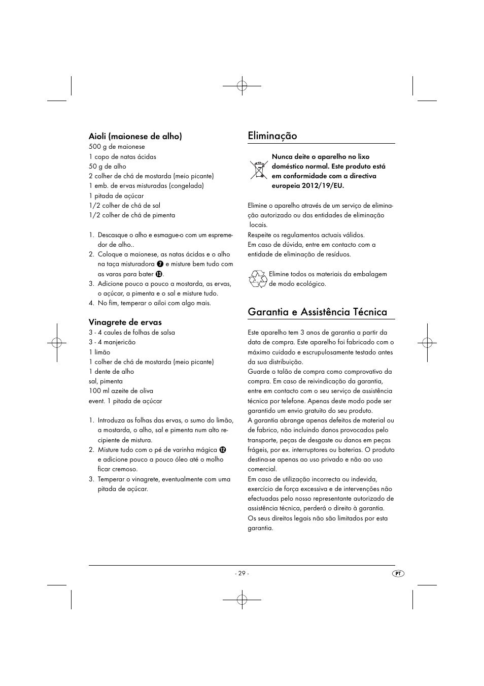 Eliminação, Garantia e assistência técnica, Aioli (maionese de alho) | Vinagrete de ervas | Silvercrest SHMS 300 B1 User Manual | Page 32 / 54