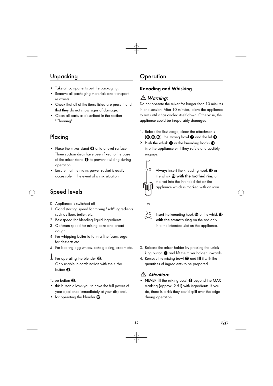 Unpacking, Placing, Speed levels | Operation, Kneading and whisking warning, Attention | Silvercrest SHMS 300 B1 User Manual | Page 38 / 54