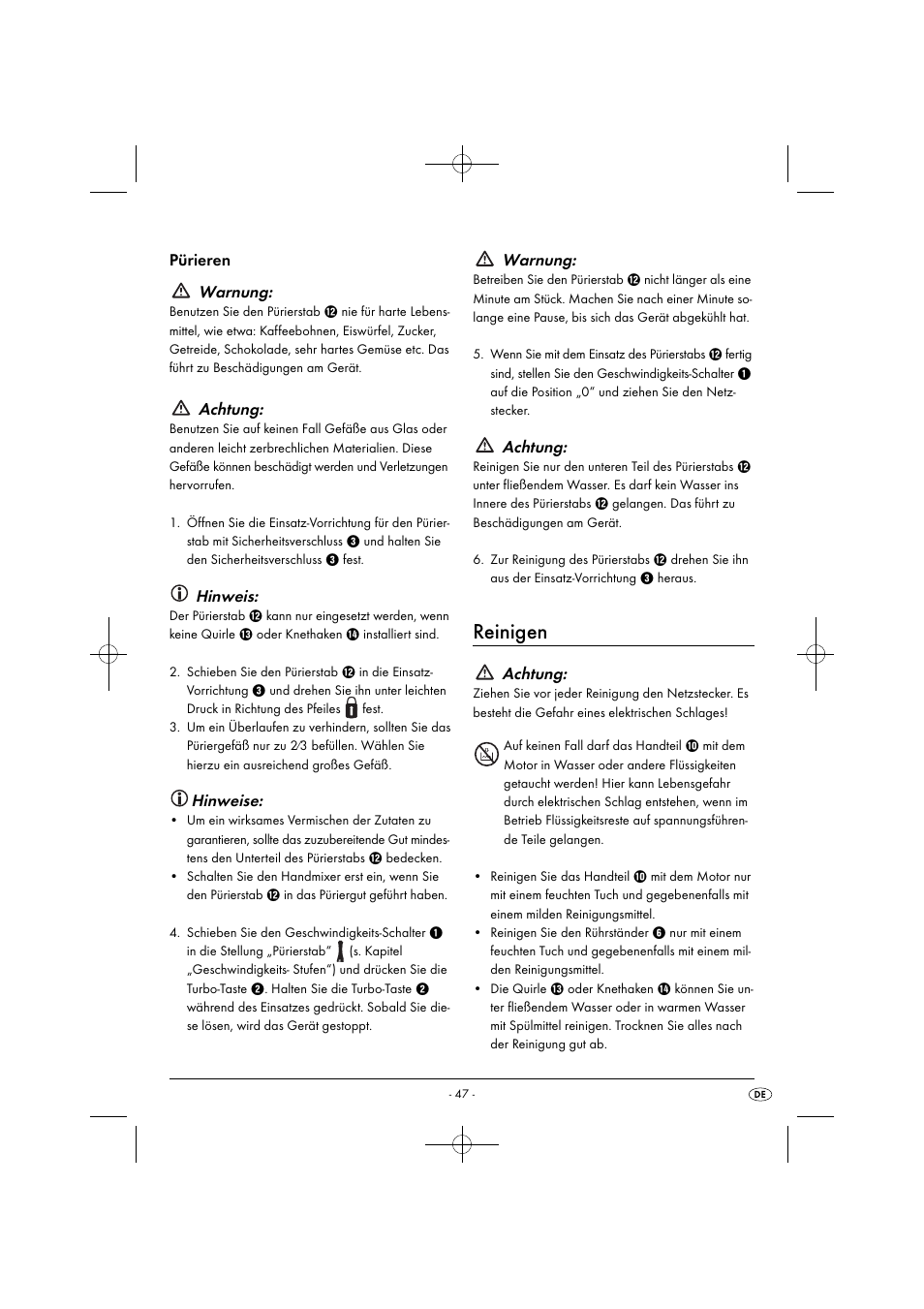 Reinigen, Pürieren warnung, Achtung | Hinweis, Hinweise, Warnung | Silvercrest SHMS 300 B1 User Manual | Page 50 / 54