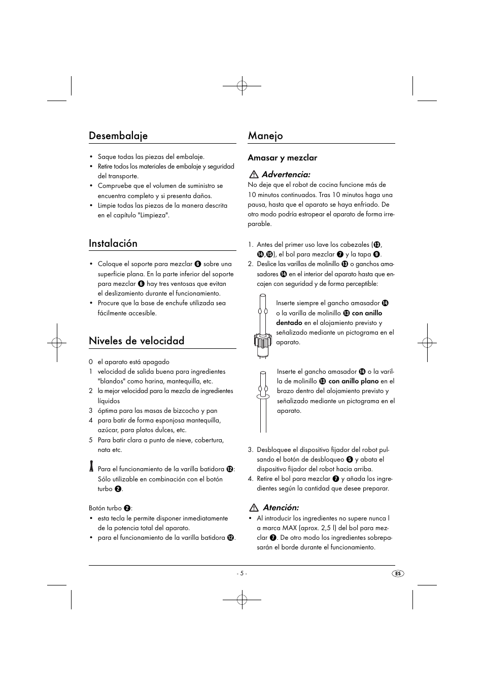 Desembalaje, Instalación, Niveles de velocidad | Manejo, Amasar y mezclar advertencia, Atención | Silvercrest SHMS 300 B1 User Manual | Page 8 / 54