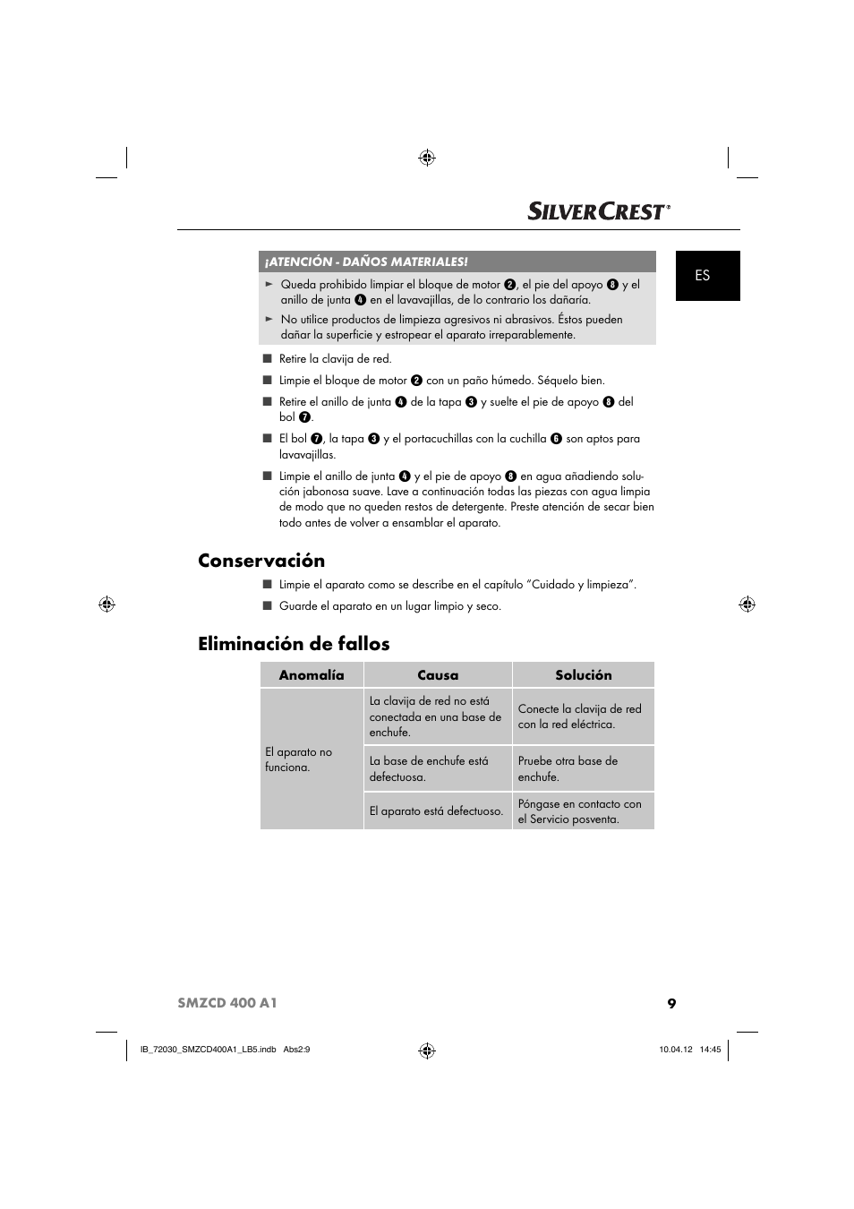 Conservación, Eliminación de fallos | Silvercrest SMZCD 400 A1 User Manual | Page 11 / 50