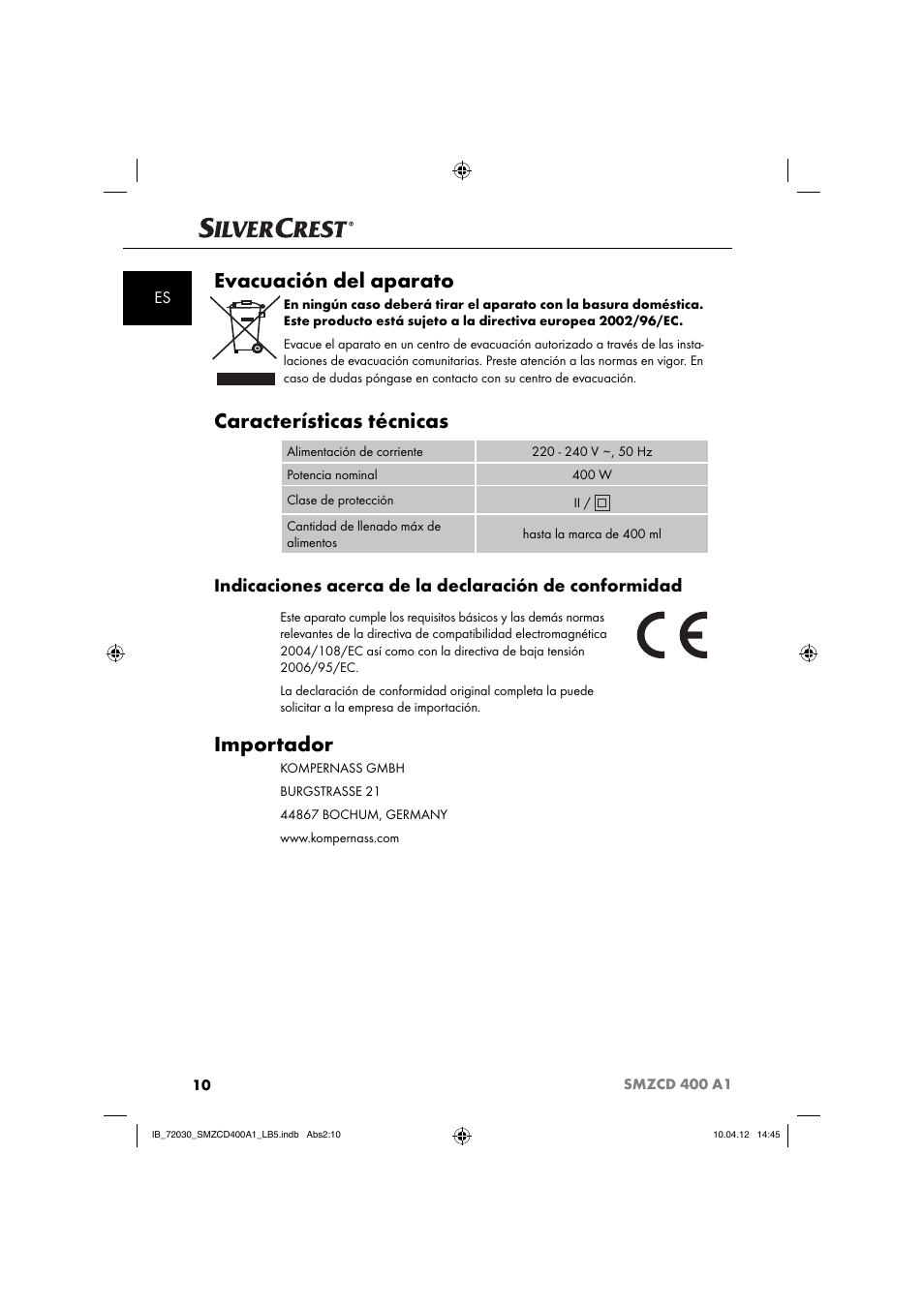 Evacuación del aparato, Características técnicas, Importador | Silvercrest SMZCD 400 A1 User Manual | Page 12 / 50