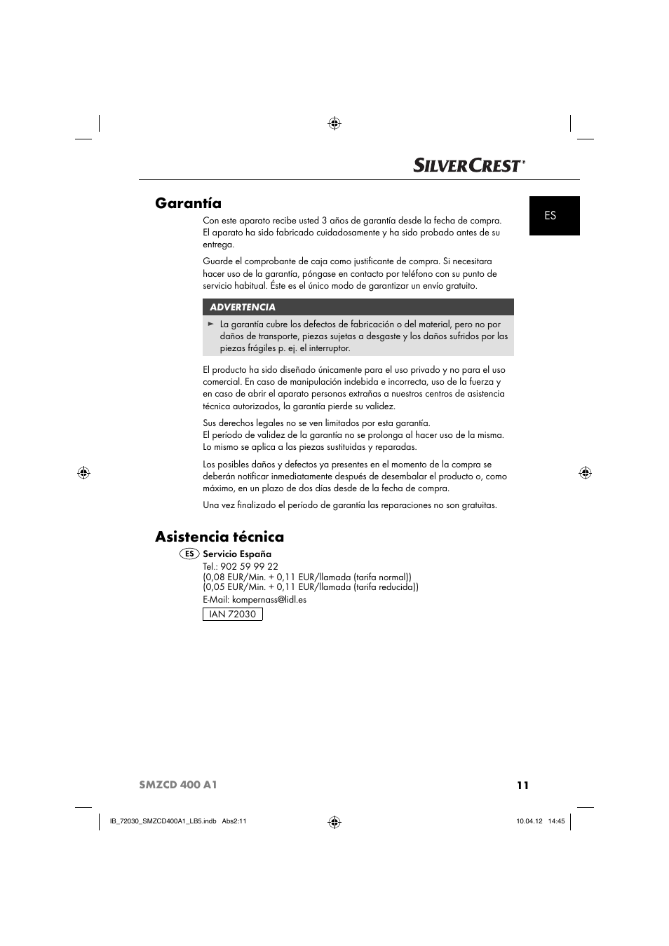 Garantía, Asistencia técnica | Silvercrest SMZCD 400 A1 User Manual | Page 13 / 50