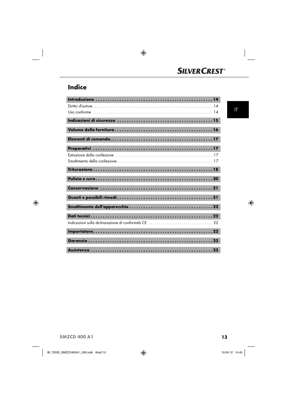 Indice | Silvercrest SMZCD 400 A1 User Manual | Page 15 / 50