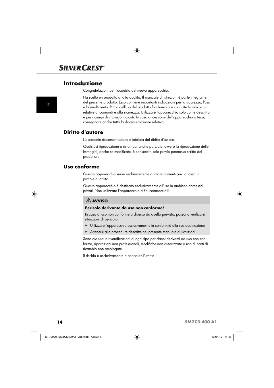Introduzione, Diritto d'autore, Uso conforme | Silvercrest SMZCD 400 A1 User Manual | Page 16 / 50
