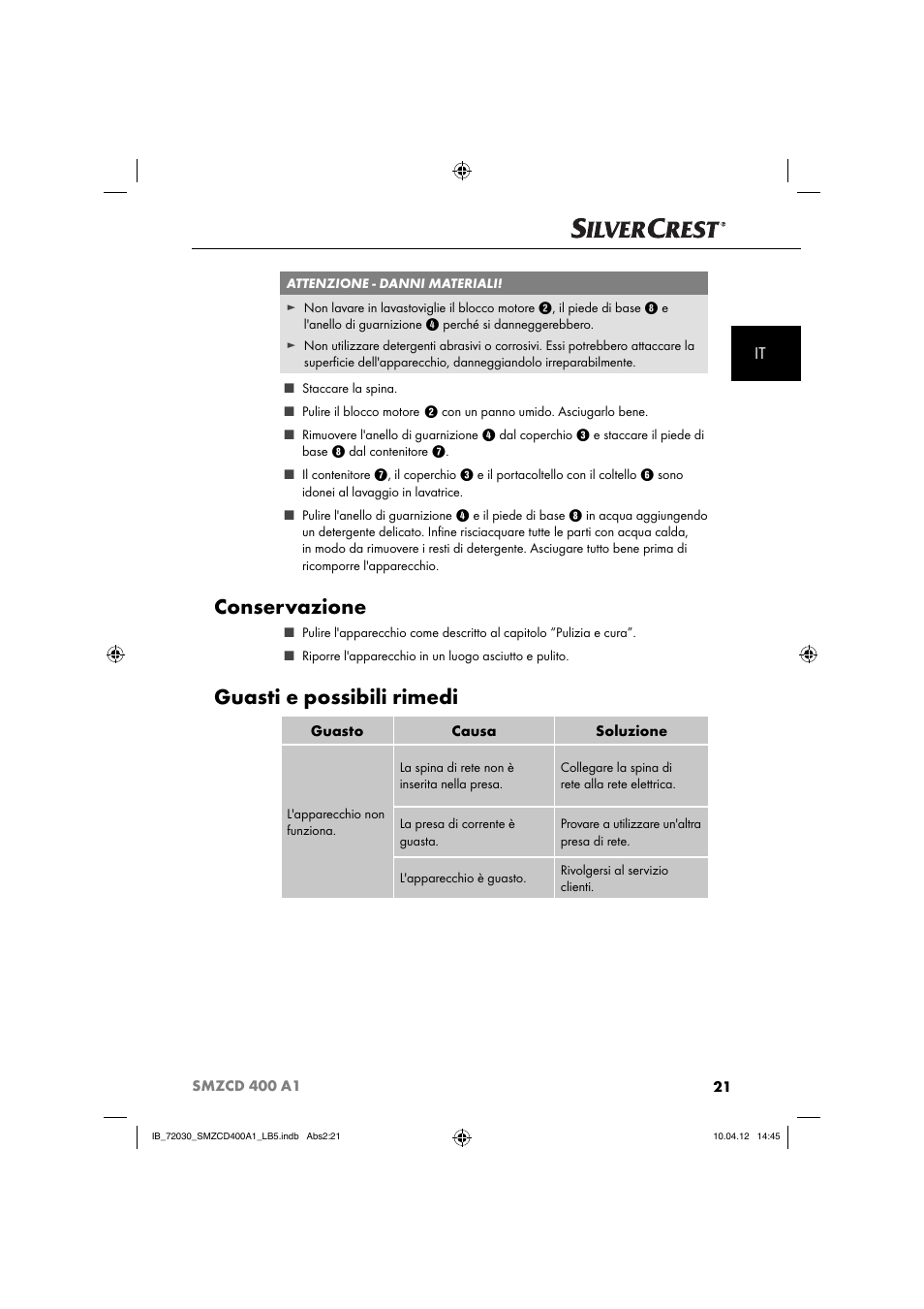 Conservazione, Guasti e possibili rimedi | Silvercrest SMZCD 400 A1 User Manual | Page 23 / 50