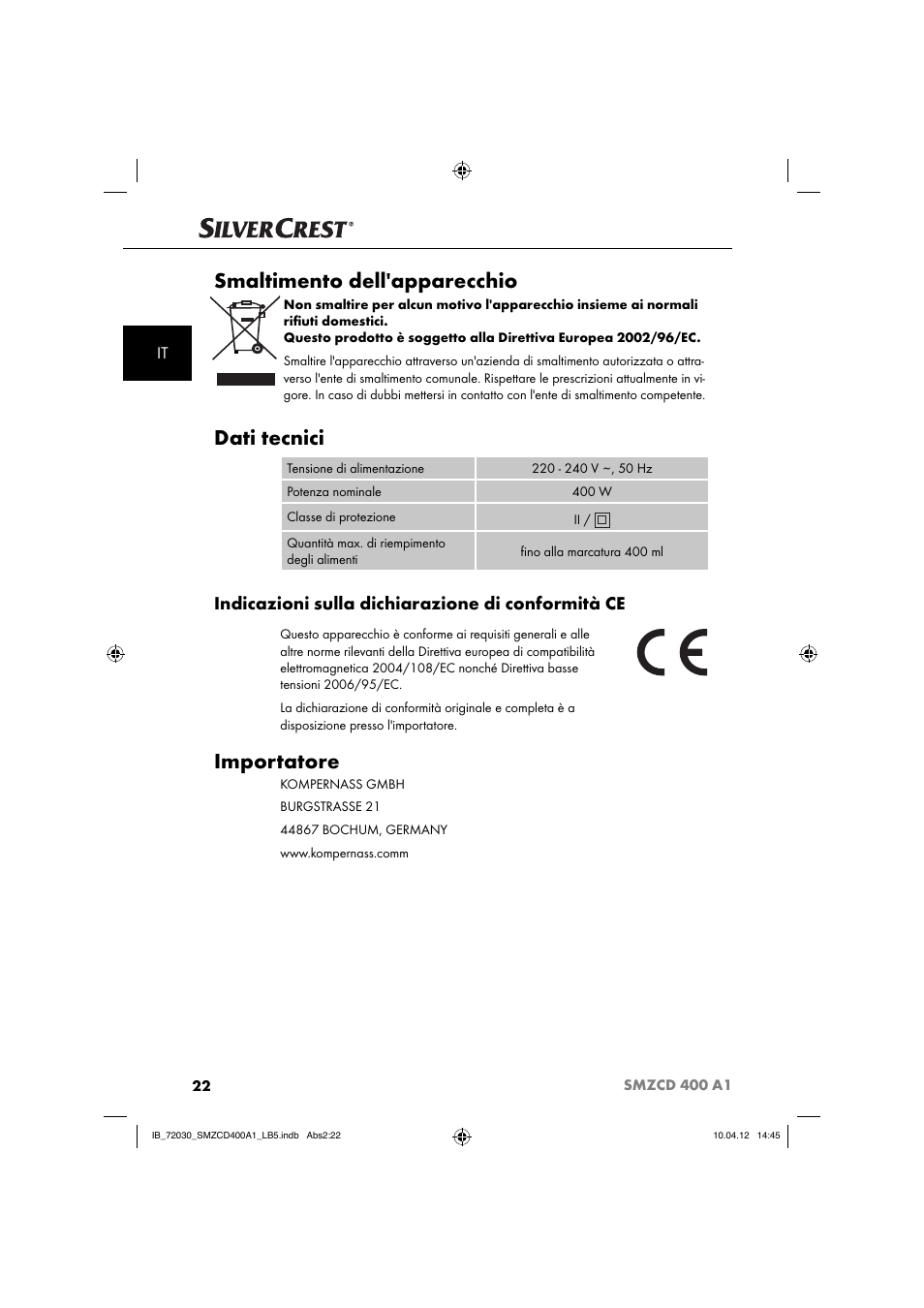 Smaltimento dell'apparecchio, Dati tecnici, Importatore | Indicazioni sulla dichiarazione di conformità ce | Silvercrest SMZCD 400 A1 User Manual | Page 24 / 50