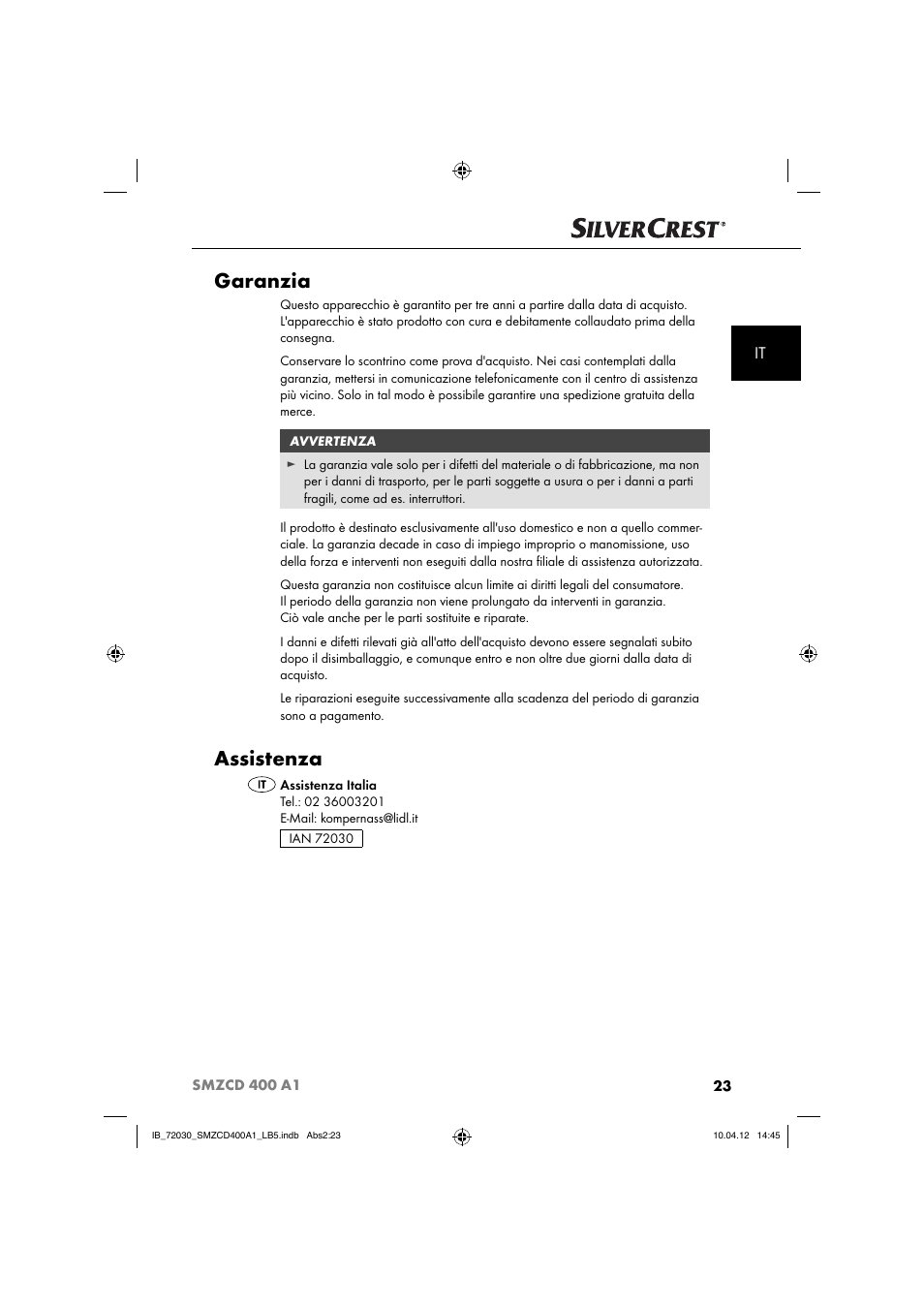 Garanzia, Assistenza | Silvercrest SMZCD 400 A1 User Manual | Page 25 / 50