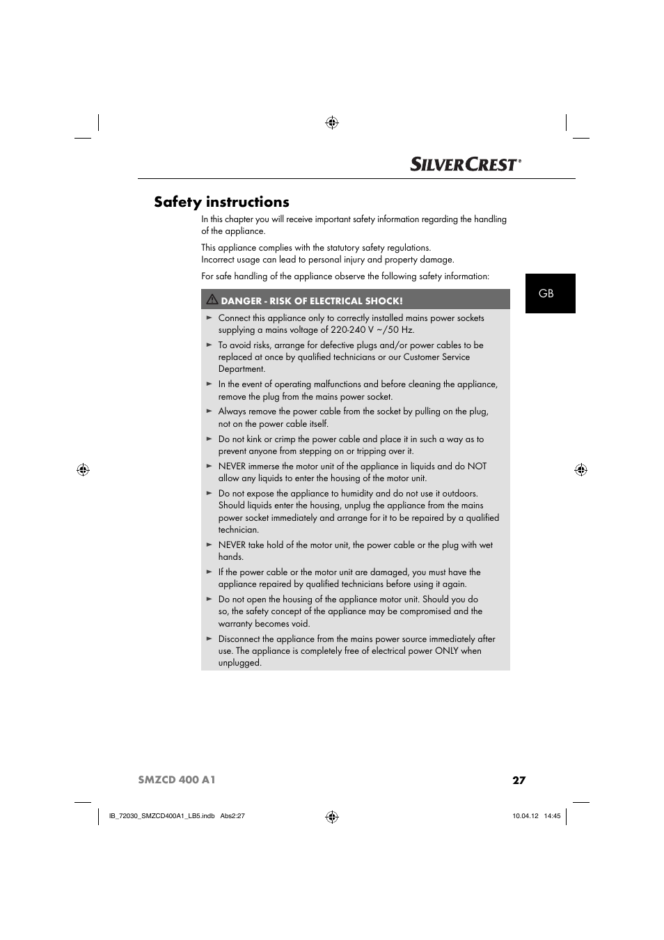 Safety instructions | Silvercrest SMZCD 400 A1 User Manual | Page 29 / 50