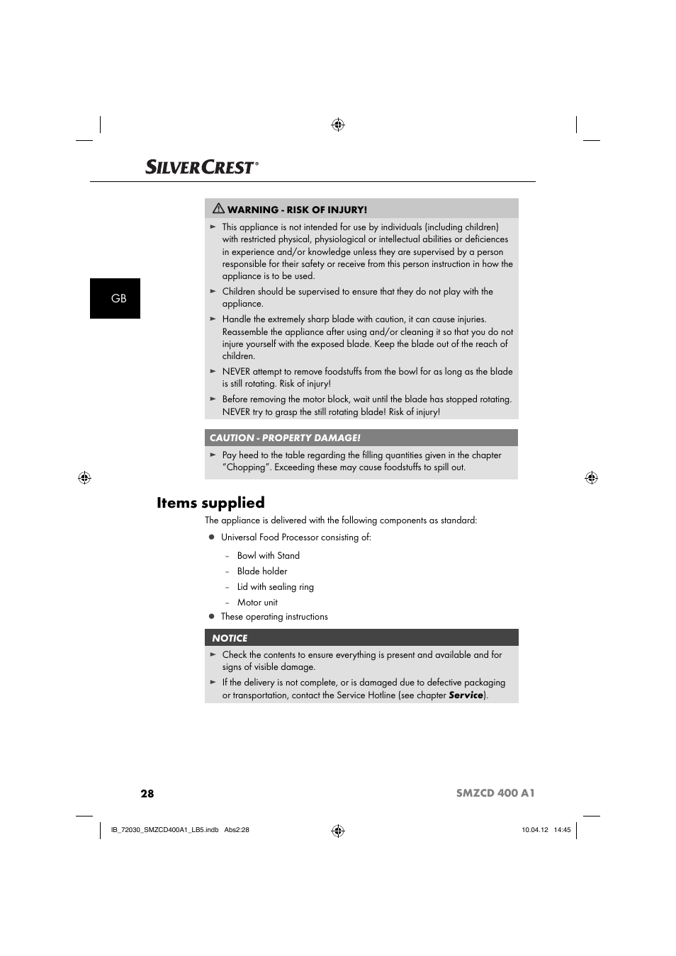 Items supplied | Silvercrest SMZCD 400 A1 User Manual | Page 30 / 50