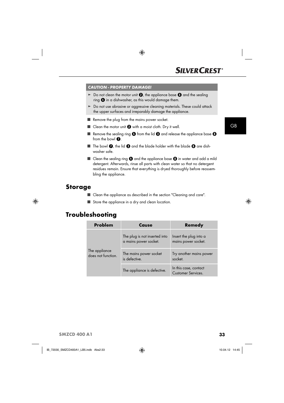 Storage, Troubleshooting | Silvercrest SMZCD 400 A1 User Manual | Page 35 / 50