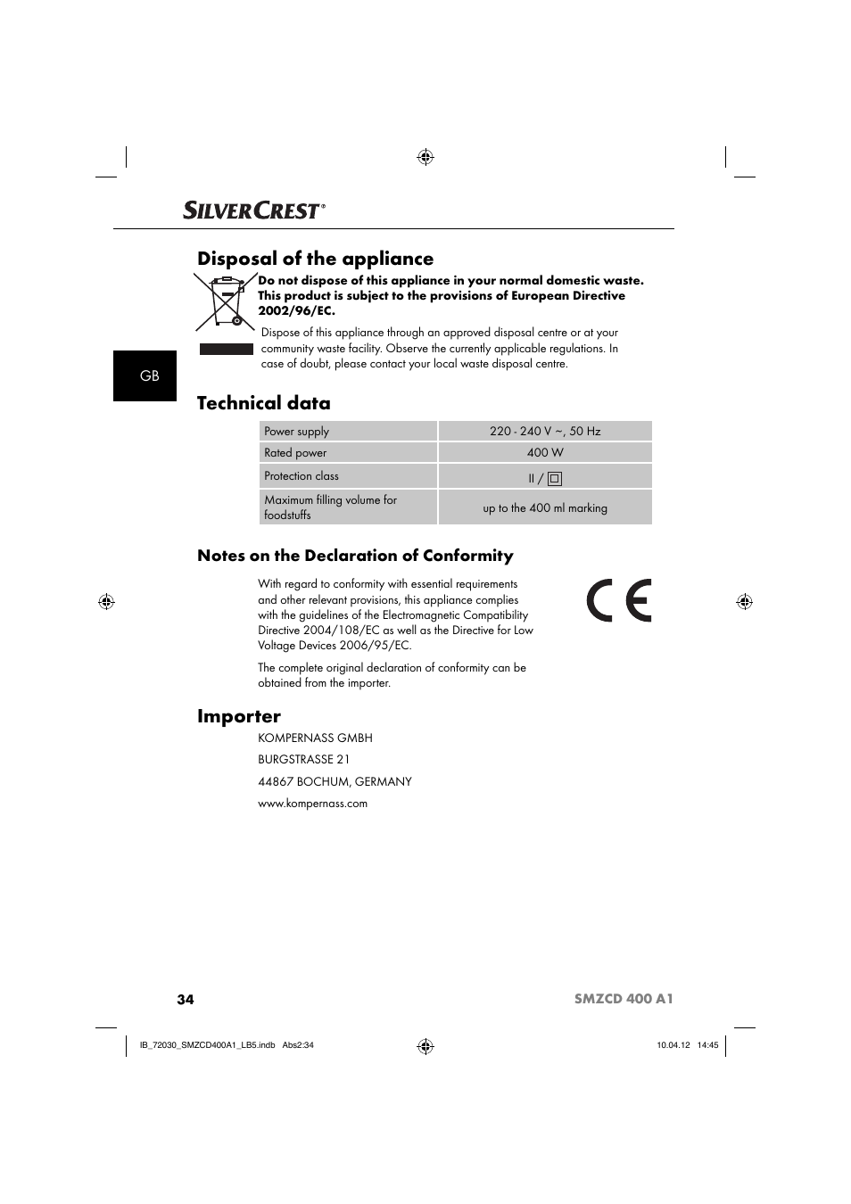 Disposal of the appliance, Technical data, Importer | Silvercrest SMZCD 400 A1 User Manual | Page 36 / 50