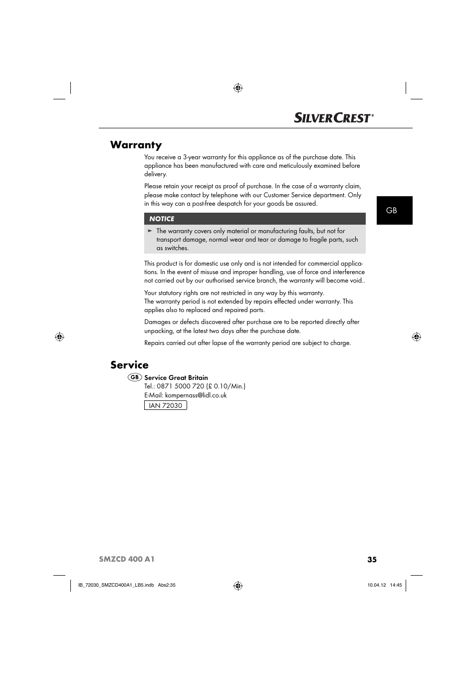 Warranty, Service | Silvercrest SMZCD 400 A1 User Manual | Page 37 / 50