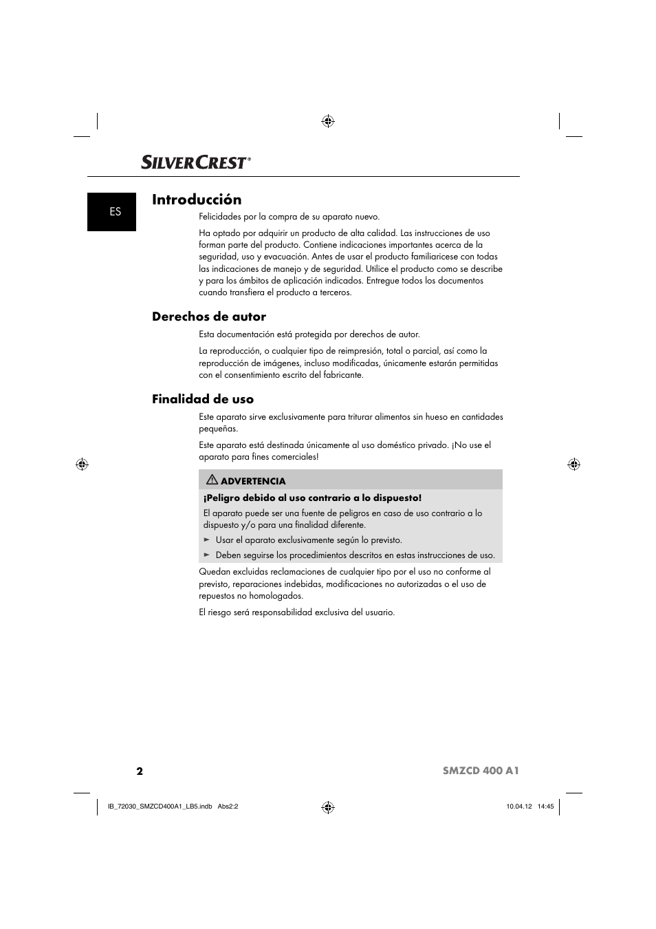 Introducción, Derechos de autor, Finalidad de uso | Silvercrest SMZCD 400 A1 User Manual | Page 4 / 50