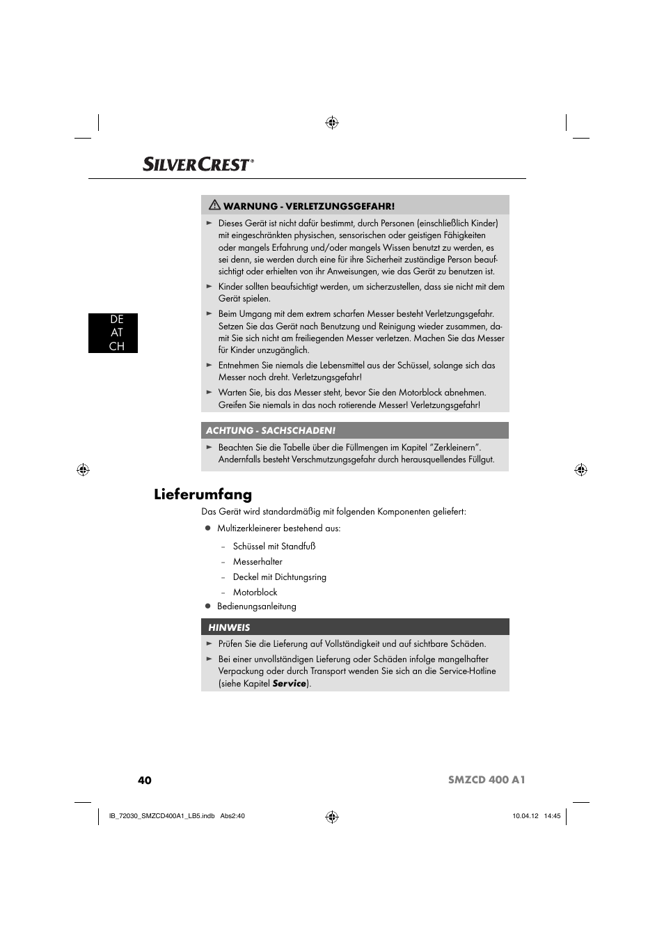 Lieferumfang, De at ch | Silvercrest SMZCD 400 A1 User Manual | Page 42 / 50