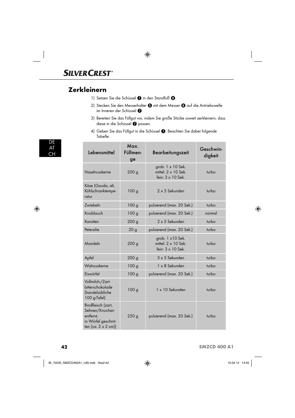 Zerkleinern, De at ch | Silvercrest SMZCD 400 A1 User Manual | Page 44 / 50