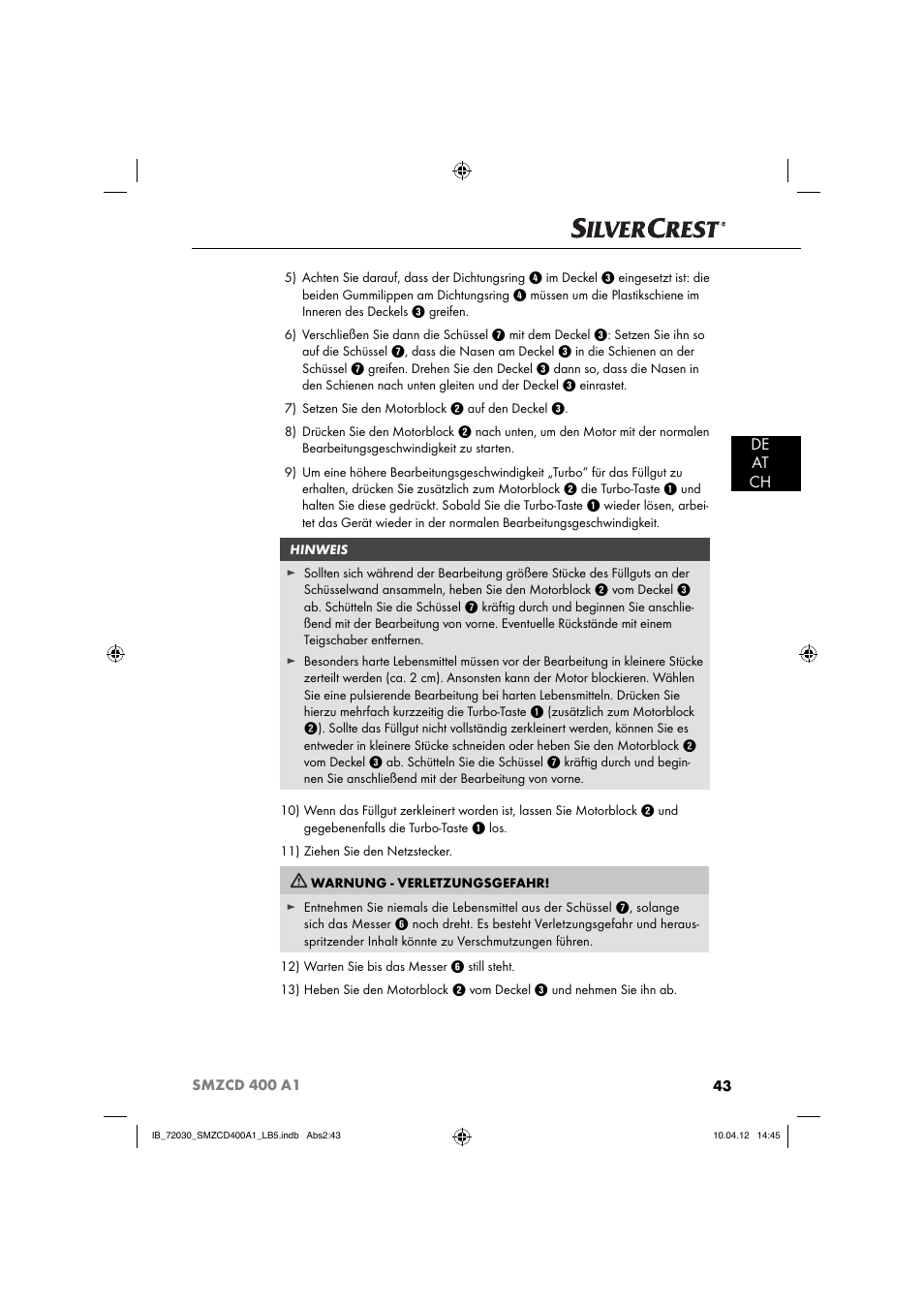 De at ch | Silvercrest SMZCD 400 A1 User Manual | Page 45 / 50