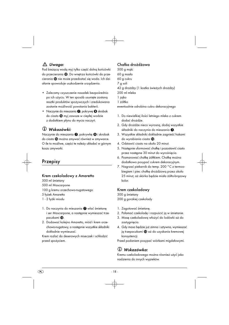 Przepisy, Uwaga, Wskazówki | Krem czekoladowy z amaretto, Chałka drożdżowa, Krem czekoladowy, Wskazówka | Silvercrest SHMS 300 B1 User Manual | Page 21 / 74