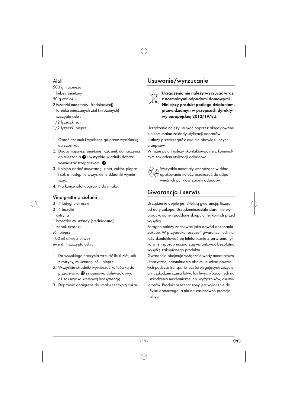 Usuwanie/wyrzucanie, Gwarancja i serwis, Aioli | Vinaigrette z ziołami | Silvercrest SHMS 300 B1 User Manual | Page 22 / 74