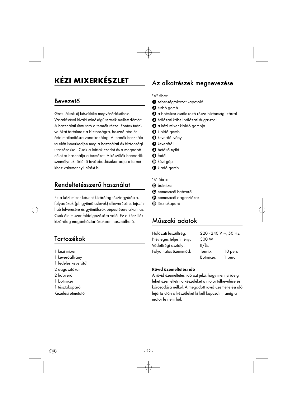 Kézi mixerkészlet, Bevezető, Rendeltetésszerű használat | Tartozékok, Az alkatrészek megnevezése, Műszaki adatok | Silvercrest SHMS 300 B1 User Manual | Page 25 / 74