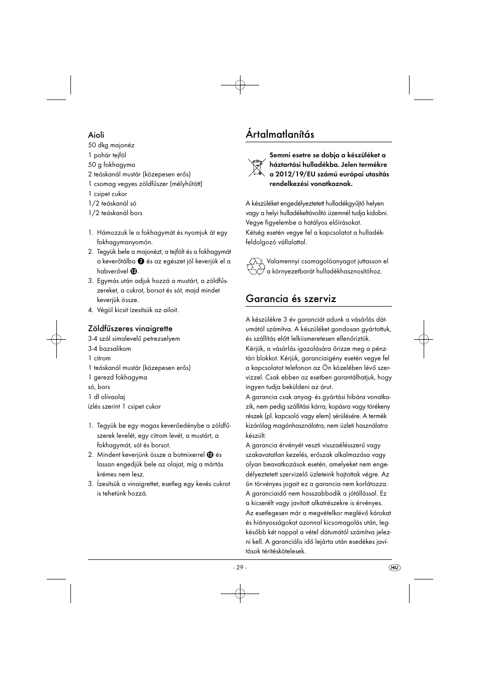 Ártalmatlanítás, Garancia és szerviz, Aioli | Zöldfűszeres vinaigrette | Silvercrest SHMS 300 B1 User Manual | Page 32 / 74