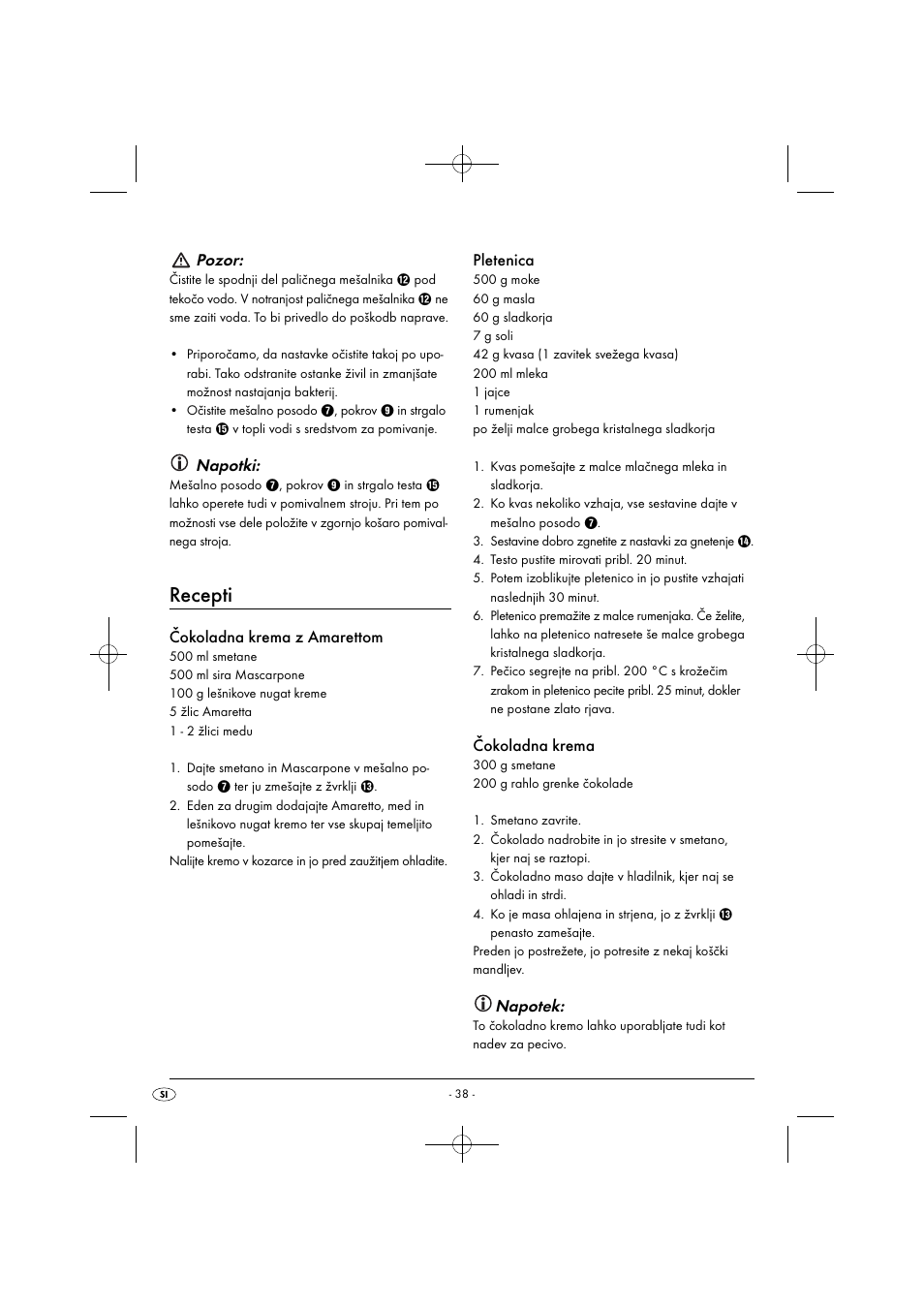 Recepti, Pozor, Napotki | Čokoladna krema z amarettom, Pletenica, Čokoladna krema, Napotek | Silvercrest SHMS 300 B1 User Manual | Page 41 / 74