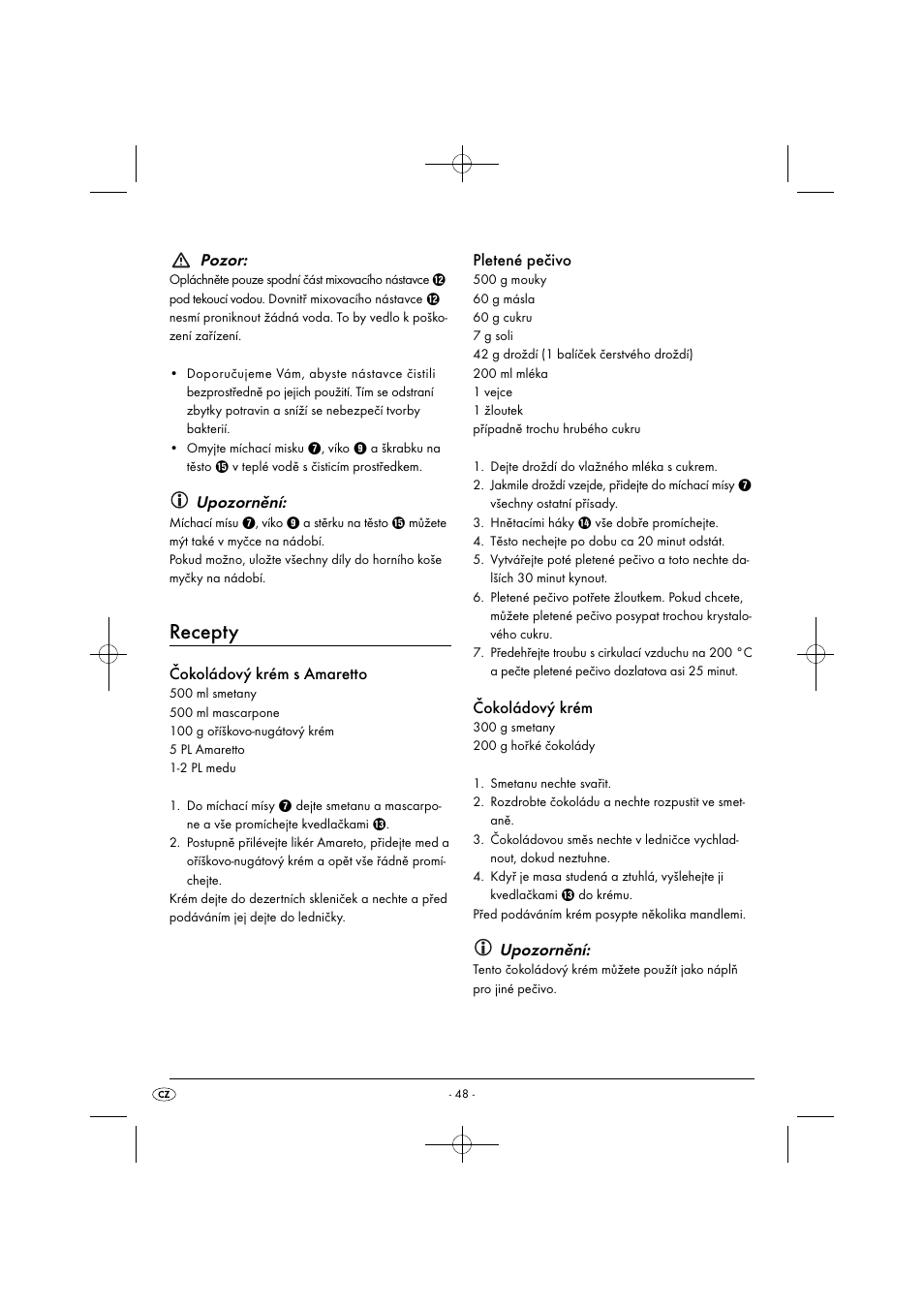 Recepty, Pozor, Upozornění | Čokoládový krém s amaretto, Pletené pečivo, Čokoládový krém | Silvercrest SHMS 300 B1 User Manual | Page 51 / 74