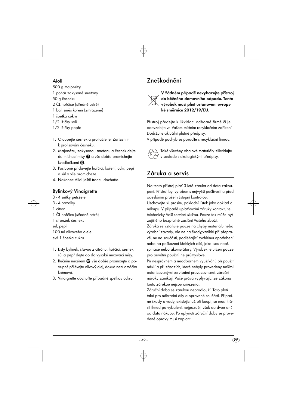 Zneškodnění, Záruka a servis, Aioli | Bylinkový vinaigrette | Silvercrest SHMS 300 B1 User Manual | Page 52 / 74