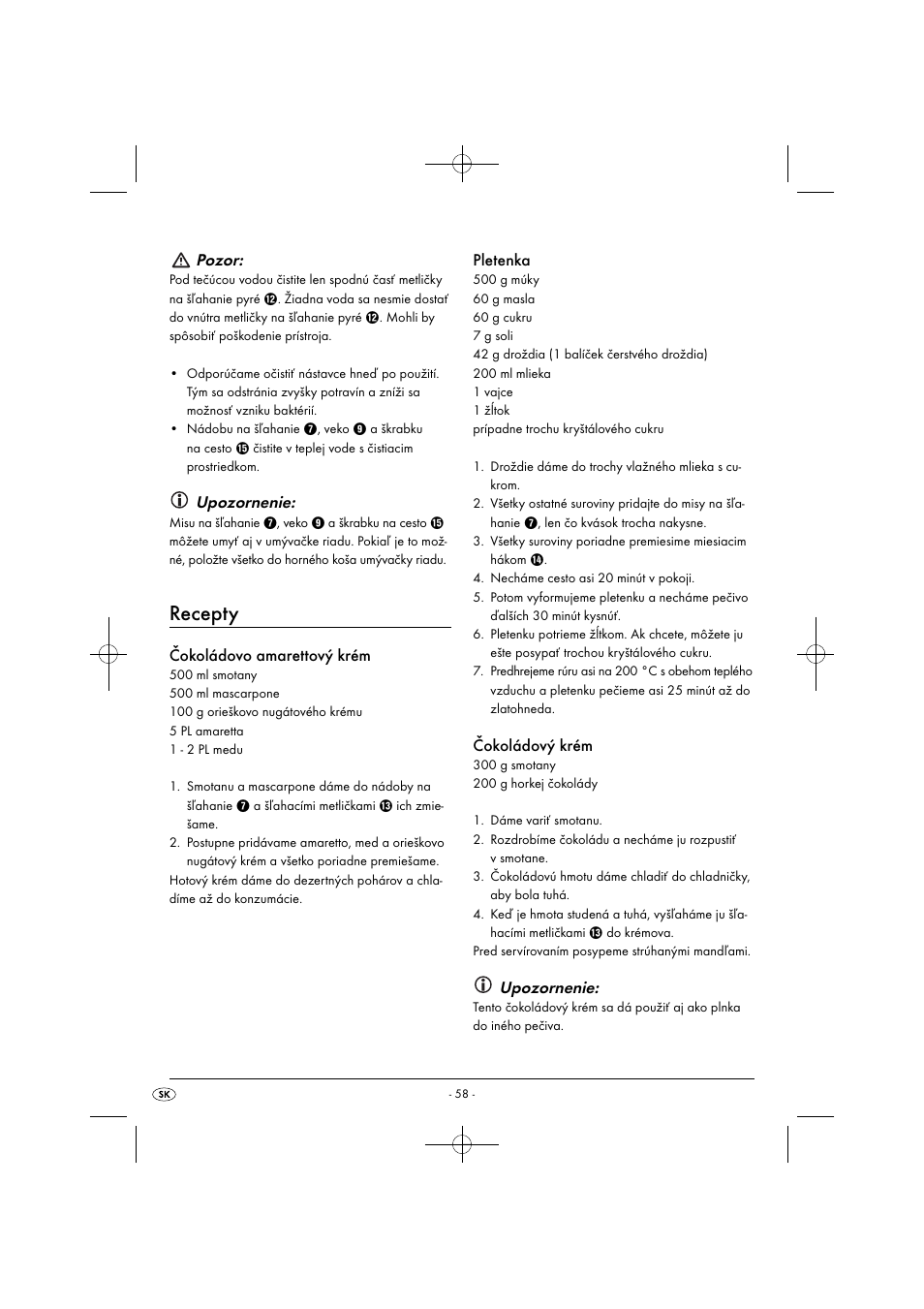 Recepty, Pozor, Upozornenie | Čokoládovo amarettový krém, Pletenka, Čokoládový krém | Silvercrest SHMS 300 B1 User Manual | Page 61 / 74