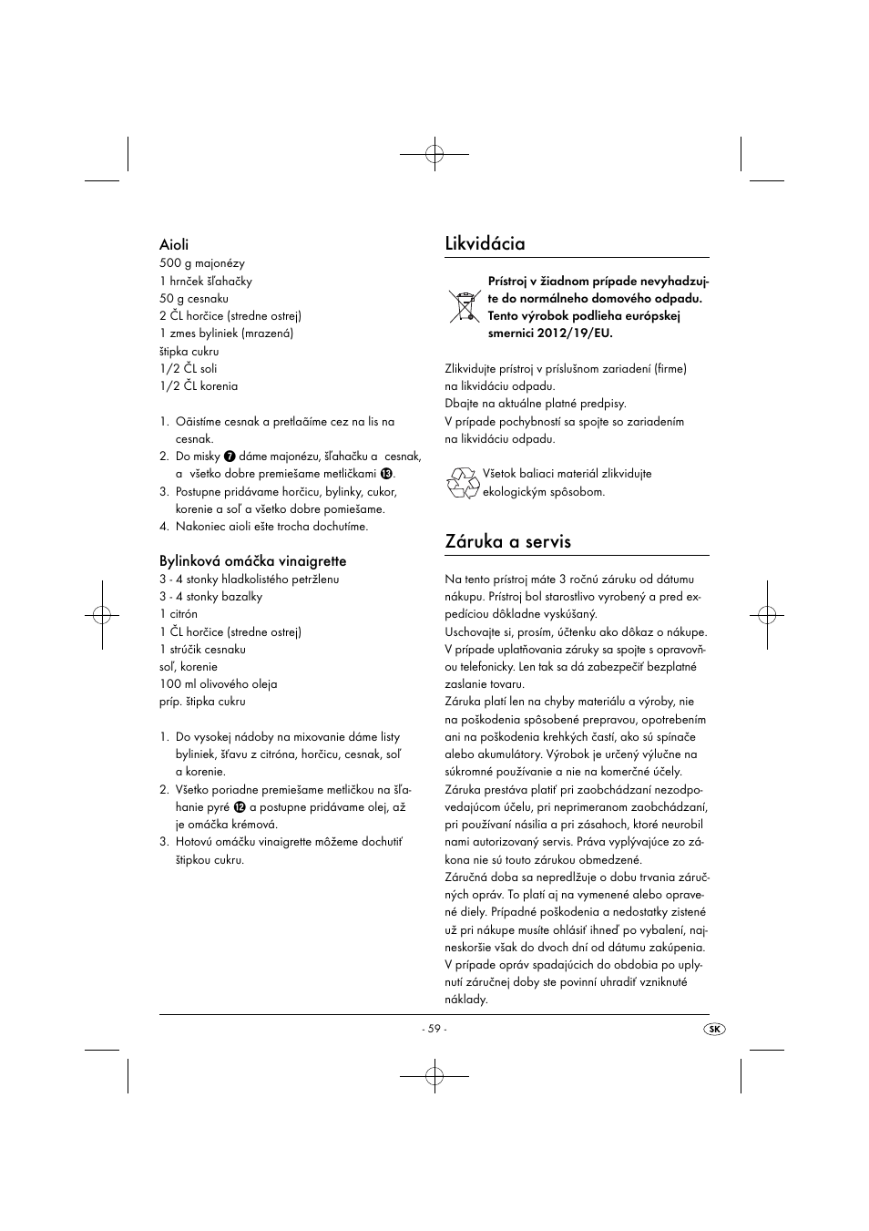 Likvidácia, Záruka a servis, Aioli | Bylinková omáčka vinaigrette | Silvercrest SHMS 300 B1 User Manual | Page 62 / 74