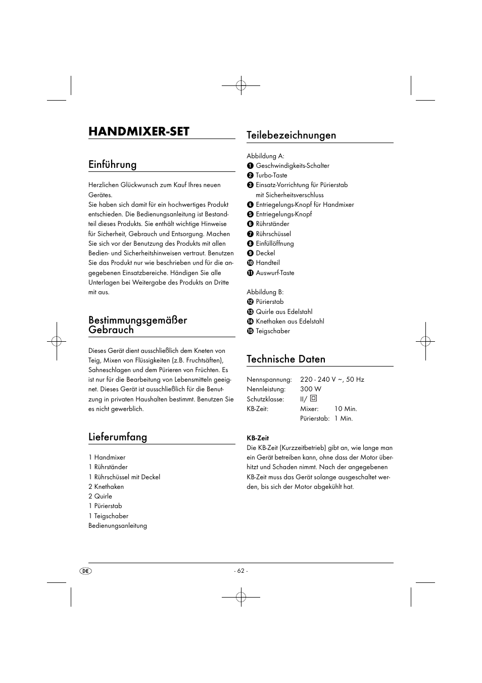 Handmixer-set, Einführung, Bestimmungsgemäßer gebrauch | Lieferumfang, Teilebezeichnungen, Technische daten | Silvercrest SHMS 300 B1 User Manual | Page 65 / 74