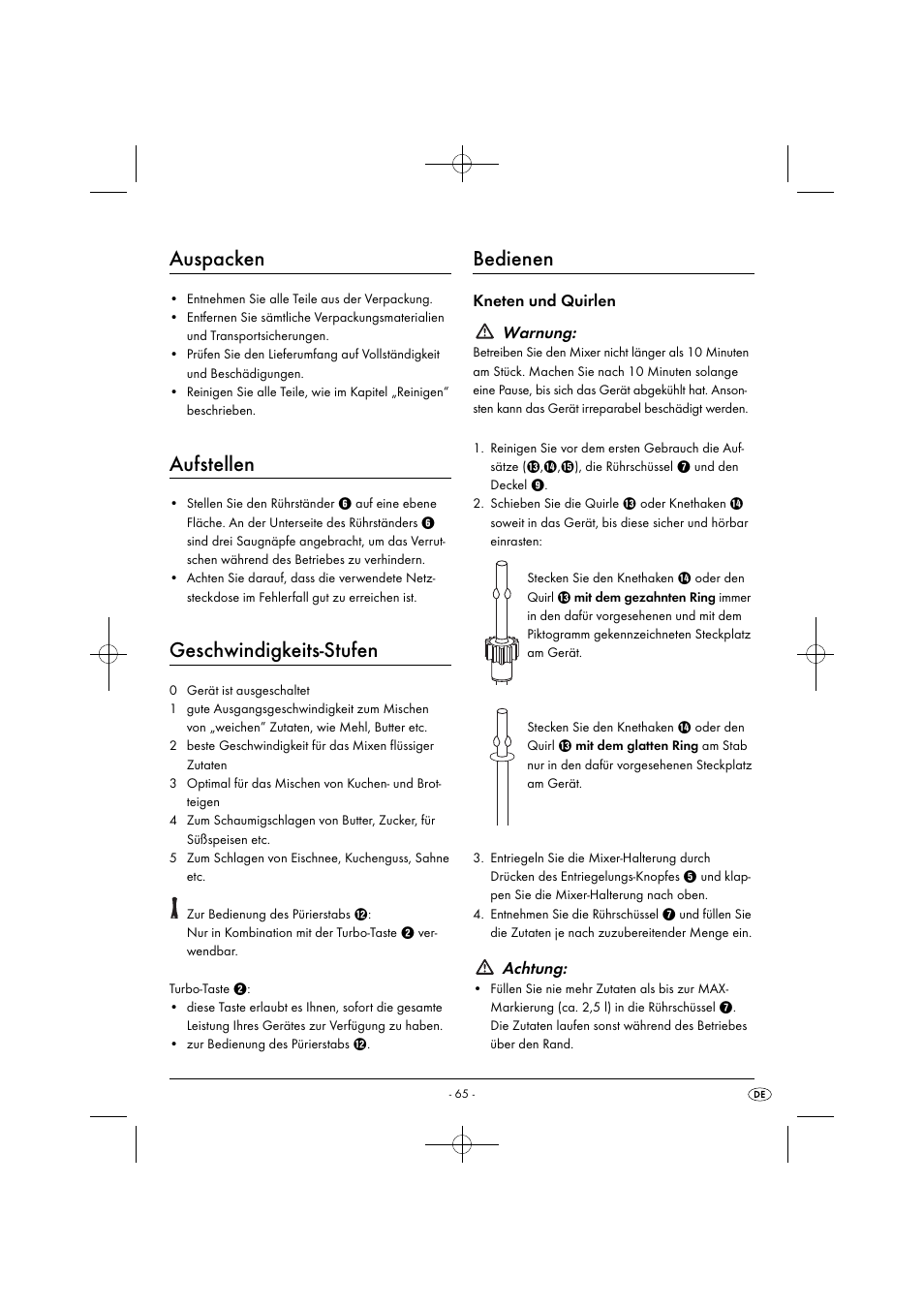Auspacken, Aufstellen, Geschwindigkeits-stufen | Bedienen, Kneten und quirlen warnung, Achtung | Silvercrest SHMS 300 B1 User Manual | Page 68 / 74