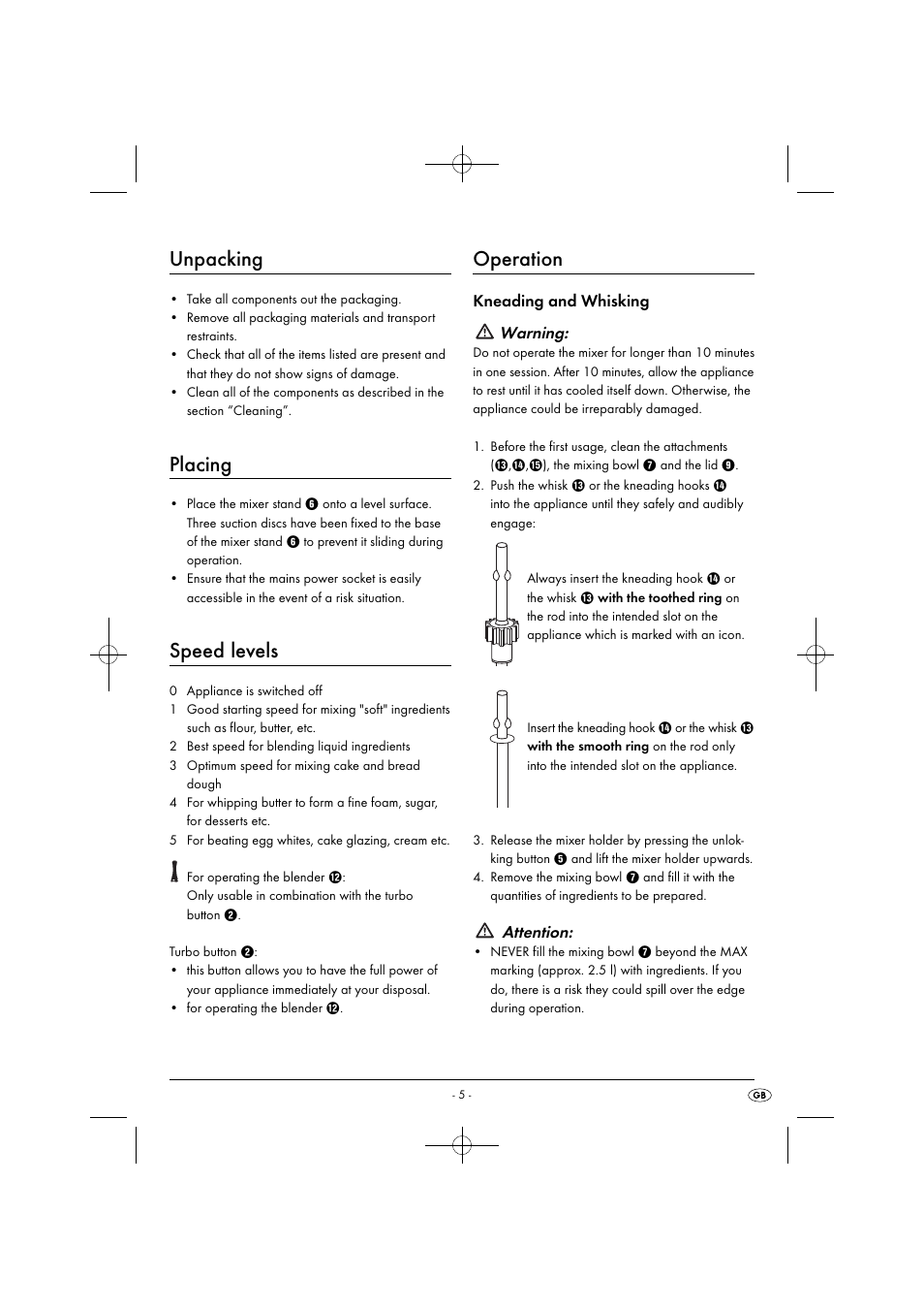 Unpacking, Placing, Speed levels | Operation, Kneading and whisking warning, Attention | Silvercrest SHMS 300 B1 User Manual | Page 8 / 74